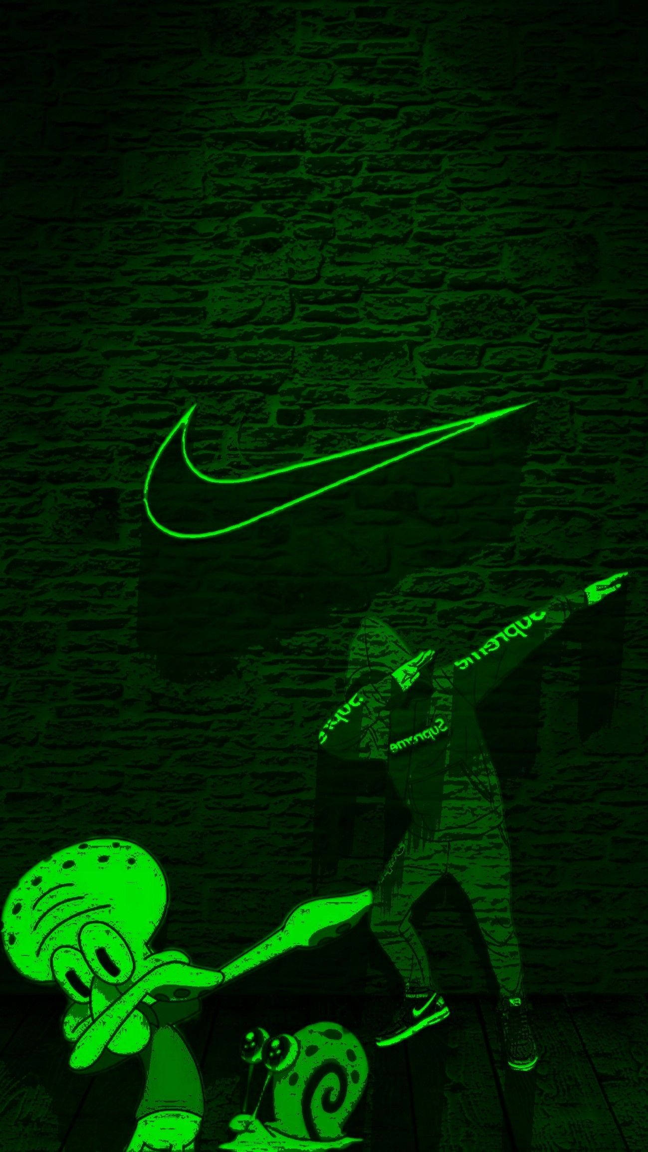 Green Anime Aesthetic 桌布 壁紙 — 在風格化的數位藝術作品中，螢光綠色的Nike勾勾和卡通人物在深色磚牆上脫穎而出。