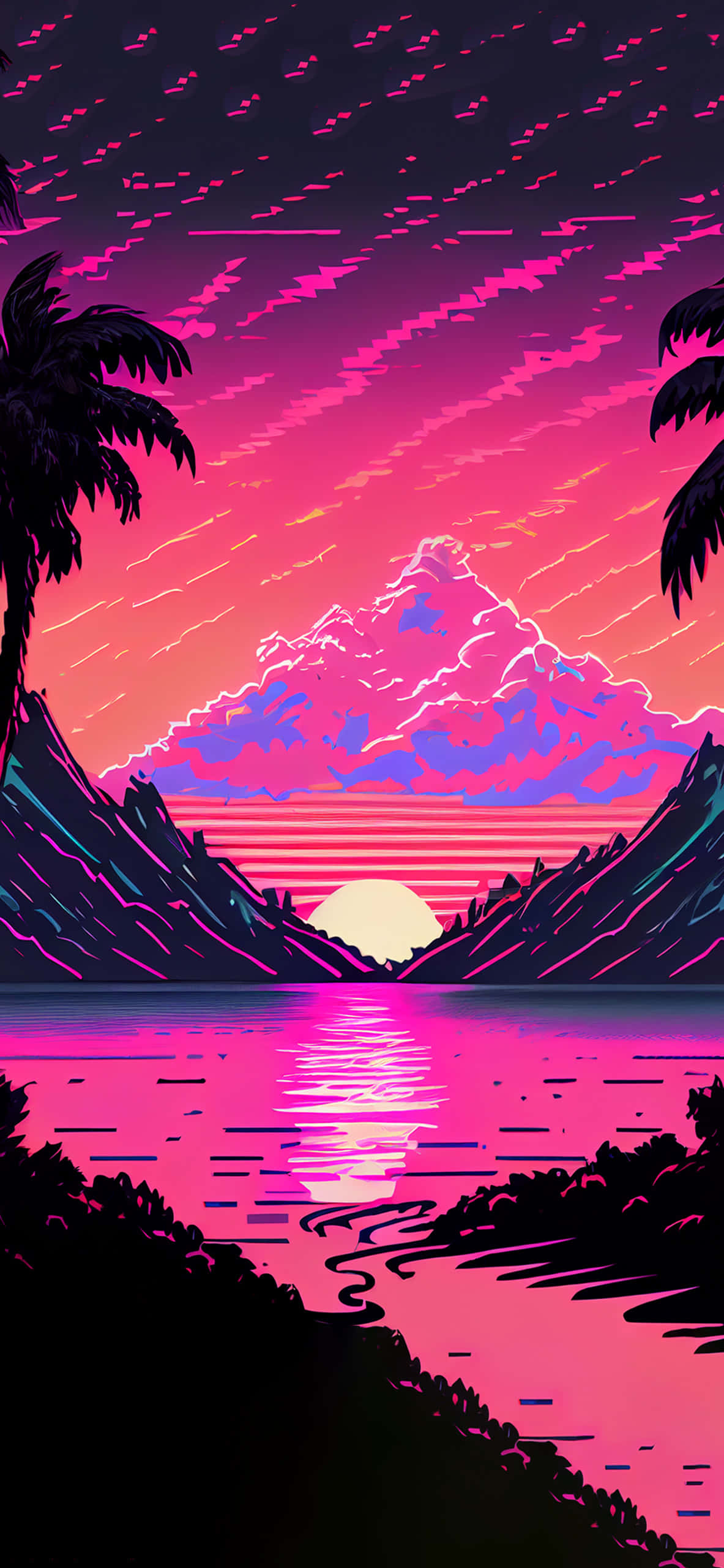 蒸氣波 桌布 壁紙 — 在風格化的數位藝術景觀中，棕櫚樹環繞的山間湖泊上充滿活力的霓虹日落。