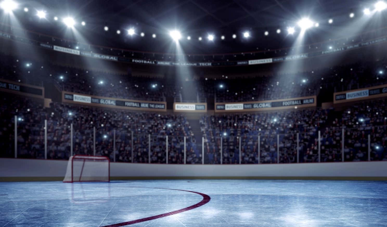 hockey 桌布 壁紙 — 在體育館聚光燈下明亮照明的曲棍球場，紅色球門網和擠滿藍衣觀眾的看台。