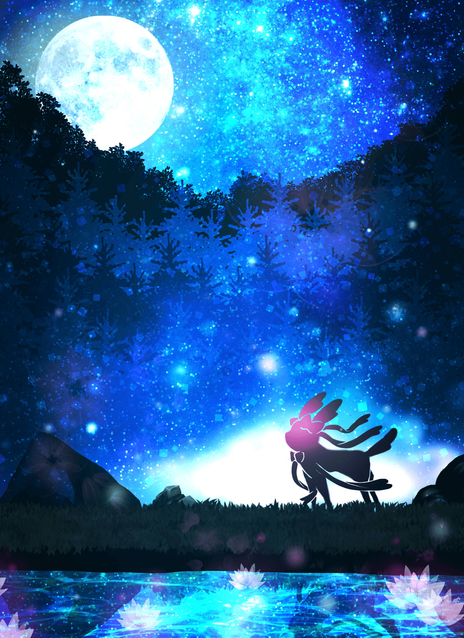 Sylveon 桌布 壁紙 — 在魔法森林中，一個神話生物發光的剪影站在星光閃爍的湖邊，上方是一輪巨大的滿月。