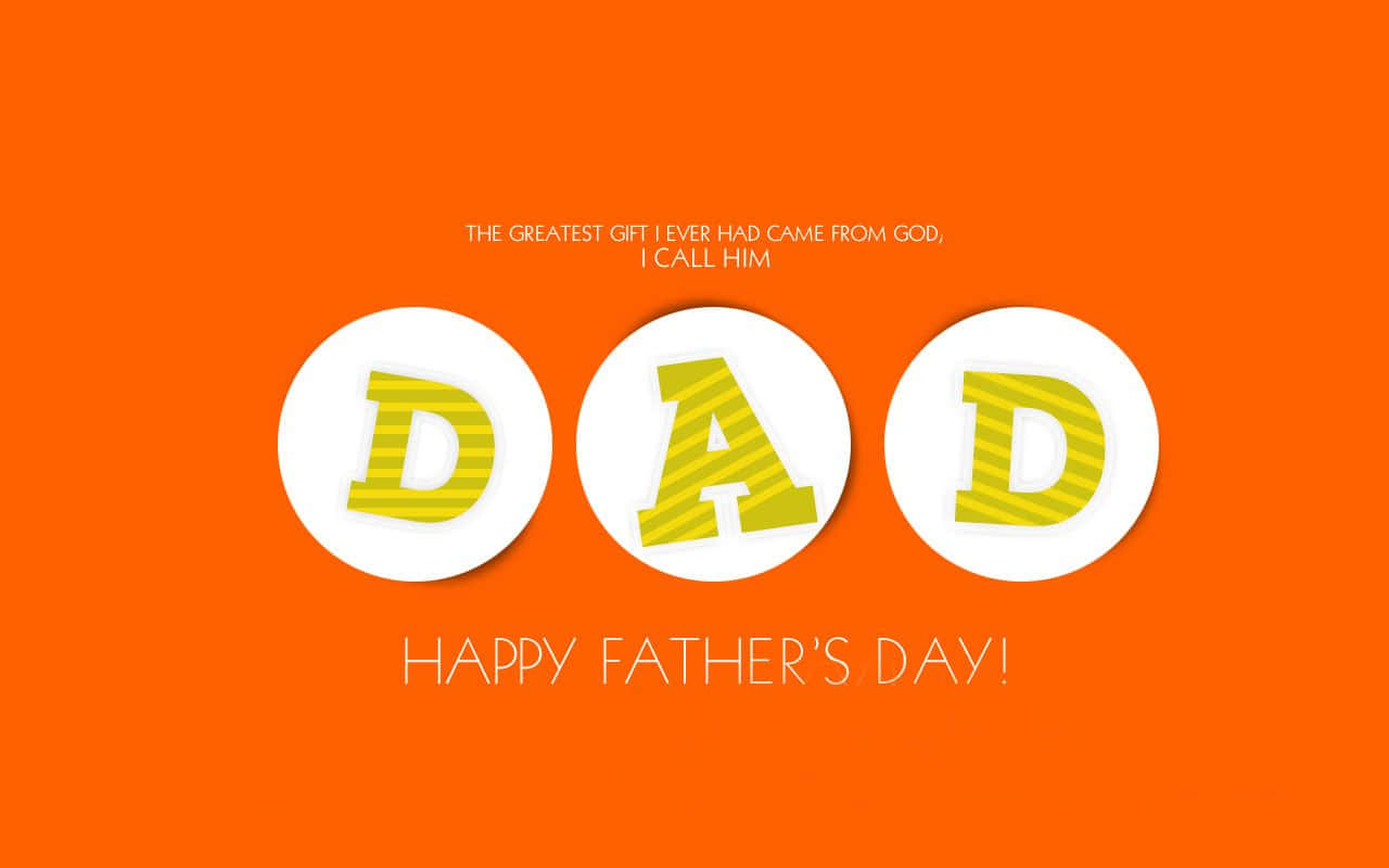 Fathers Day 桌布 壁紙 — 在鮮豔的橙色背景上，白色圓圈內有粗體黃色條紋DAD字母和父親節文字。