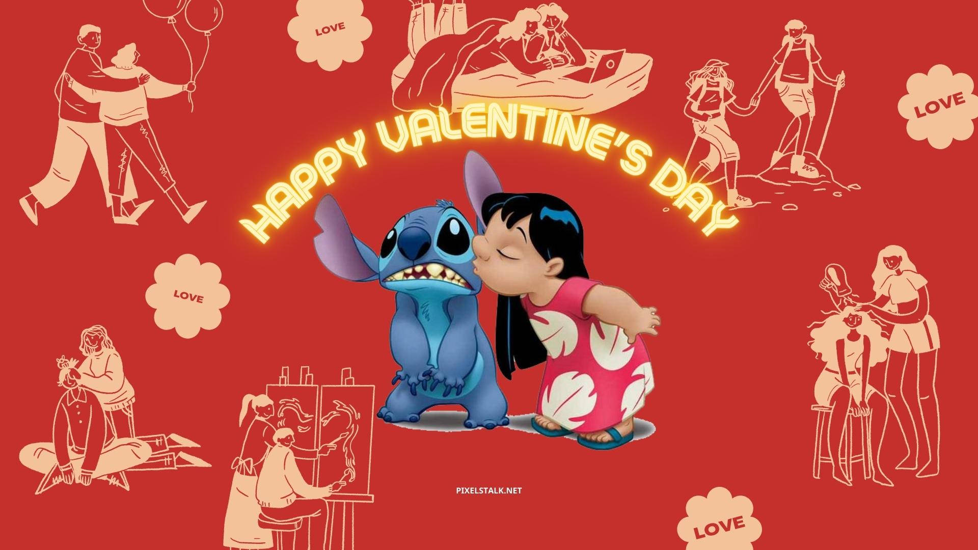 stitch 3d 桌布 壁紙 — 在鮮豔的紅色背景上，Lilo 親吻 Stitch，發光的文字宣告 Happy Valentine's Day，周圍環繞著浪漫的插圖。