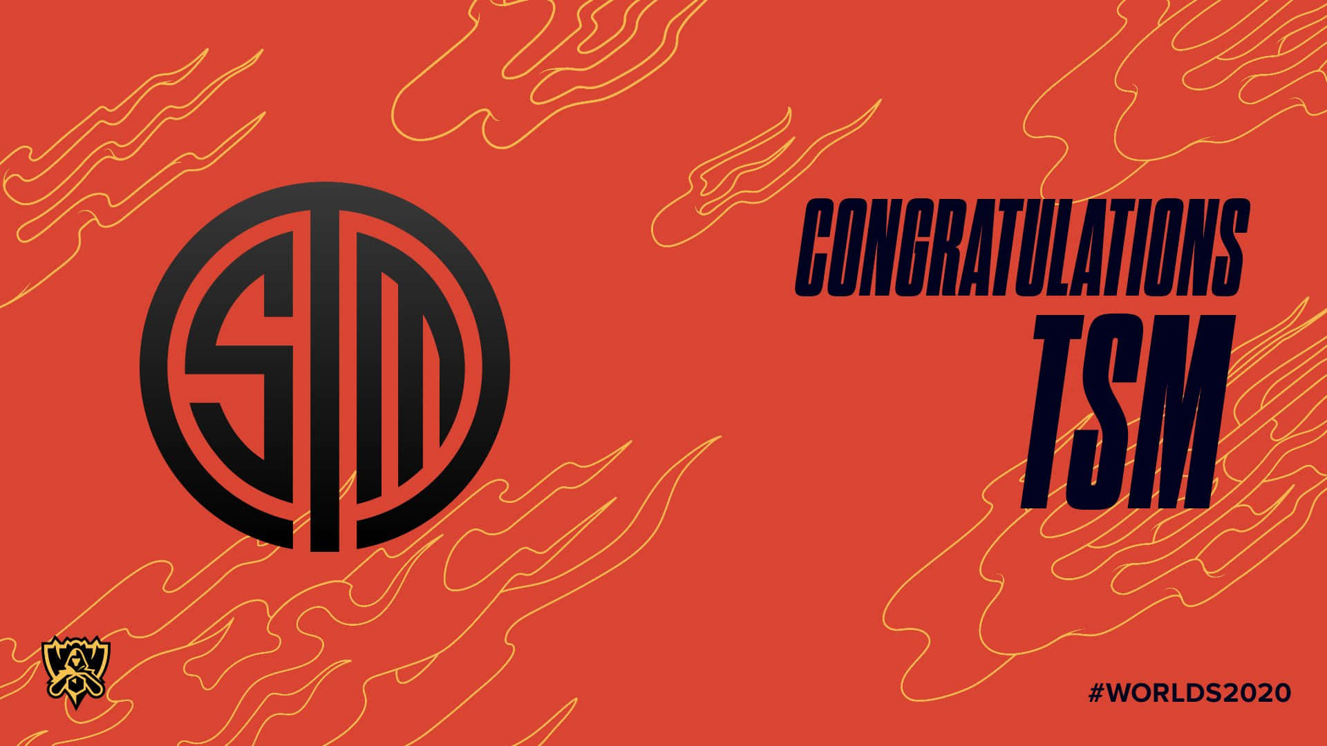 Tsm 桌布 壁紙 — 在鮮豔的紅色背景上，大膽的黑色 TSM 標誌和文字慶祝戰勝熾熱的橙色和黃色火焰輪廓。
