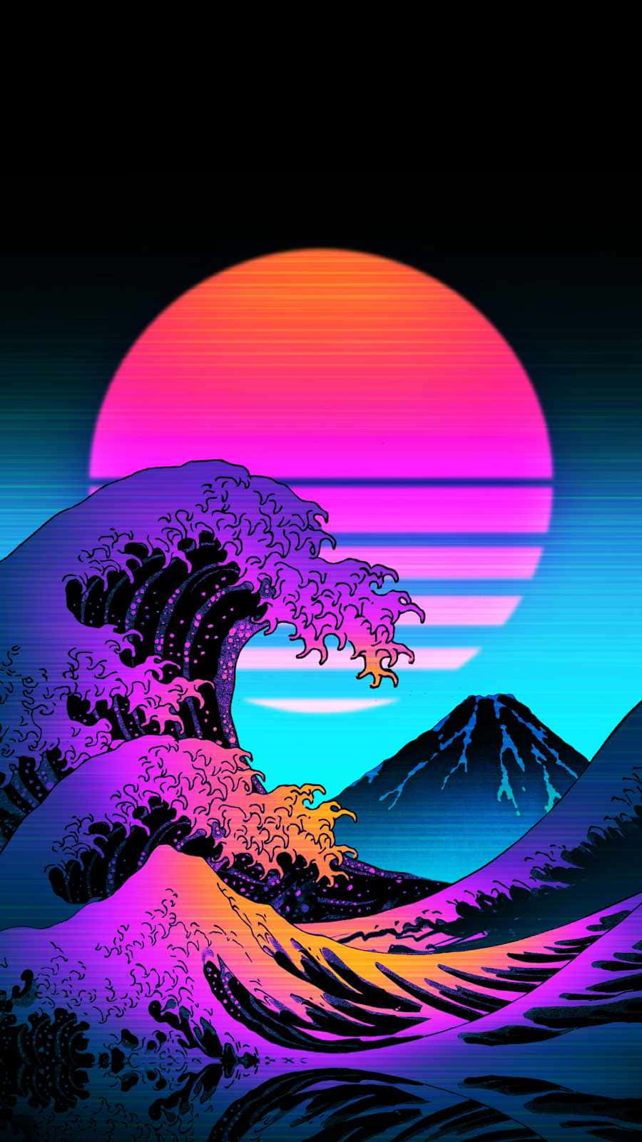 Retro 桌布 壁紙 — 在鮮豔的霓虹色調中，一道充滿活力的復古波浪在閃爍的夕陽下湧起，越過山巒輪廓。