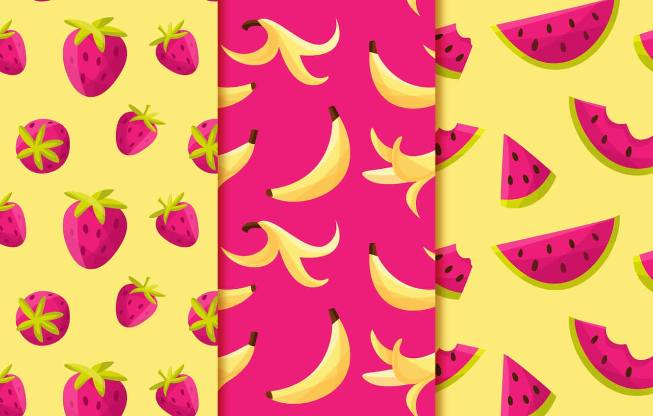 Fruits 桌布 壁紙 — 在鮮豔的黃色和粉紅色背景上，草莓、香蕉和西瓜片的充滿活力的無縫圖案。