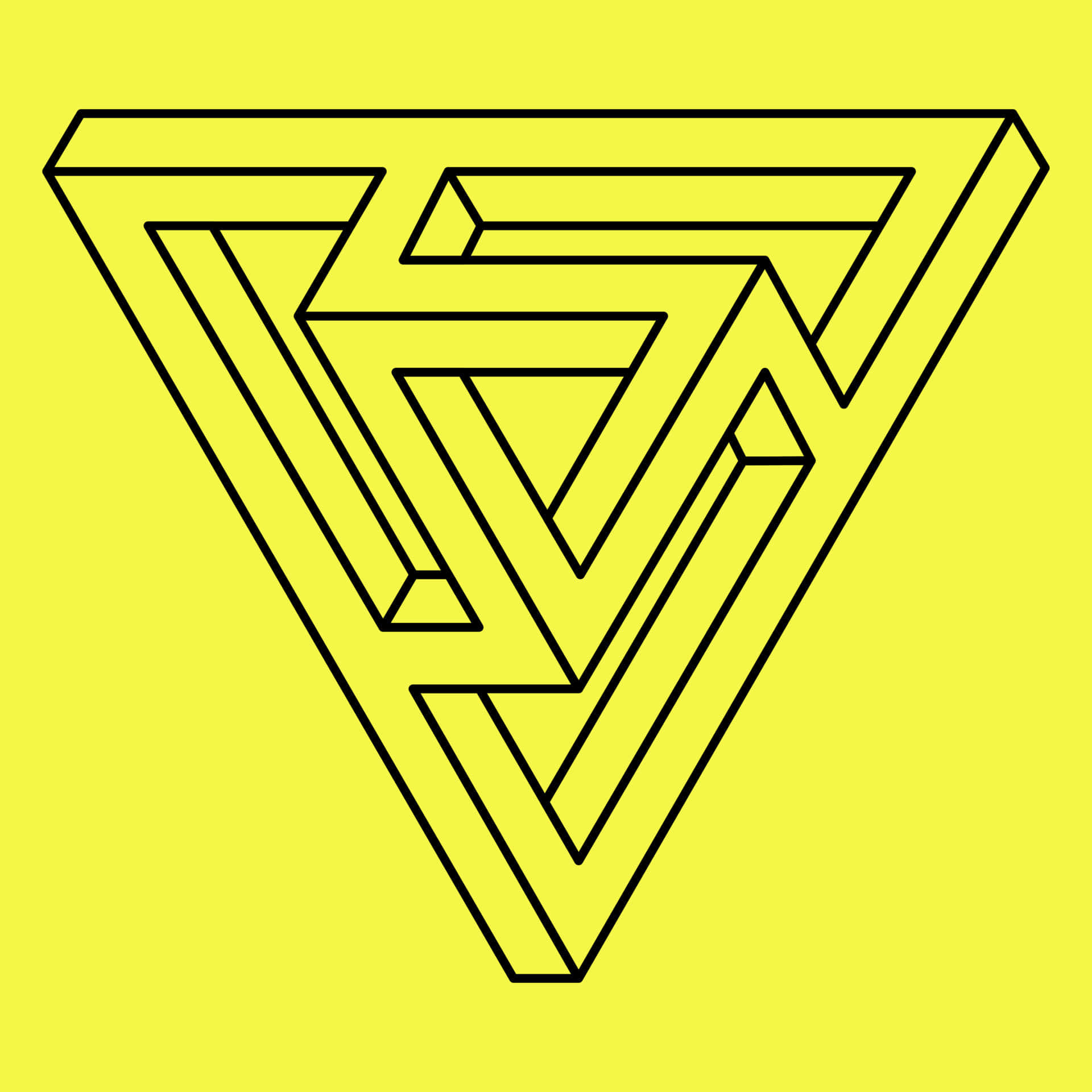 Yellow Triangle 桌布 壁紙 — 在鮮黃色背景上，一個大膽的黑色線條繪製的彭羅斯三角形錯覺圖案。