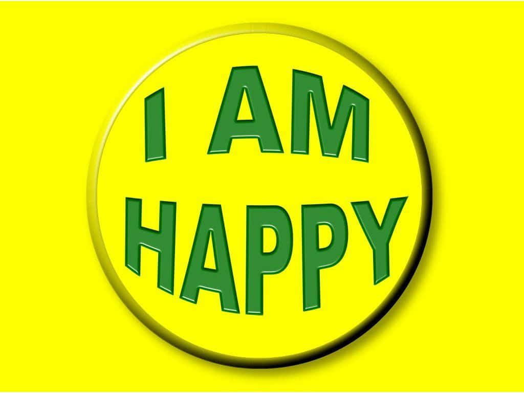 Cheerful 桌布 壁紙 — 在鮮黃色背景上，圓形徽章內有粗體綠色文字「I AM HAPPY」。