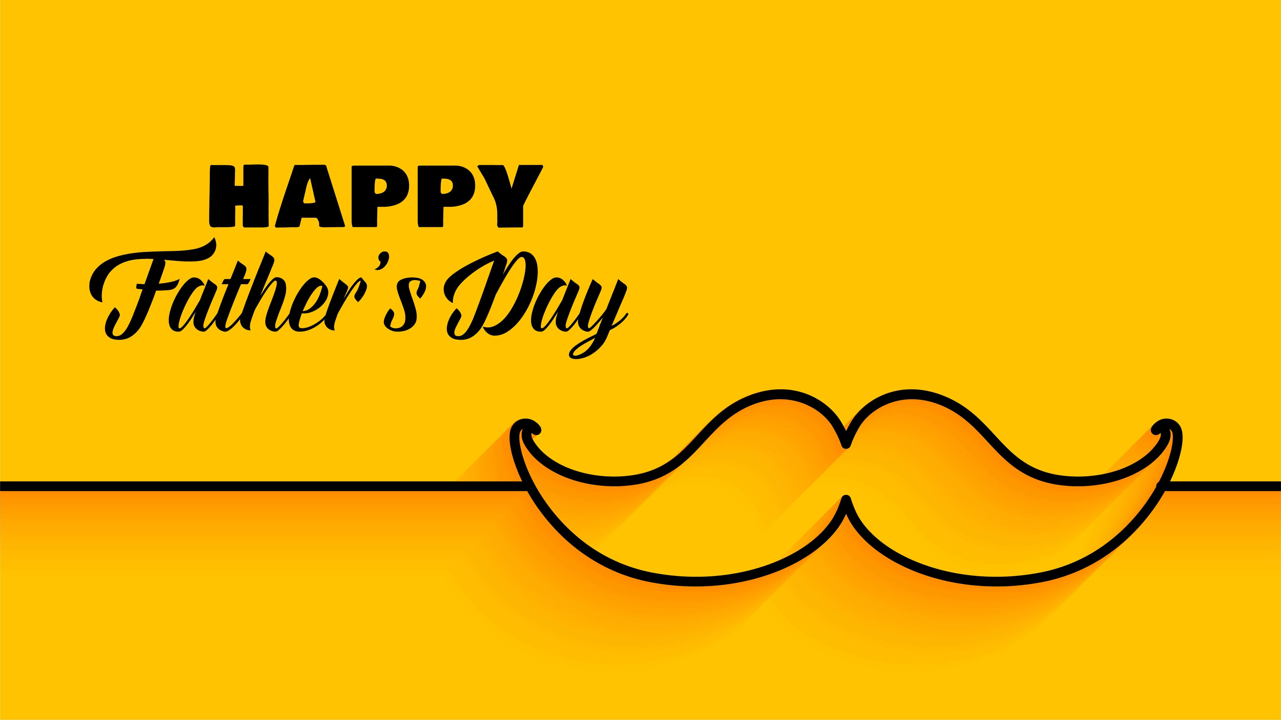 father's day 桌布 壁紙 — 在鮮黃色背景上，粗體黑色文字寫著「父親節快樂」，上方有一個風格化的鬍子圖案。