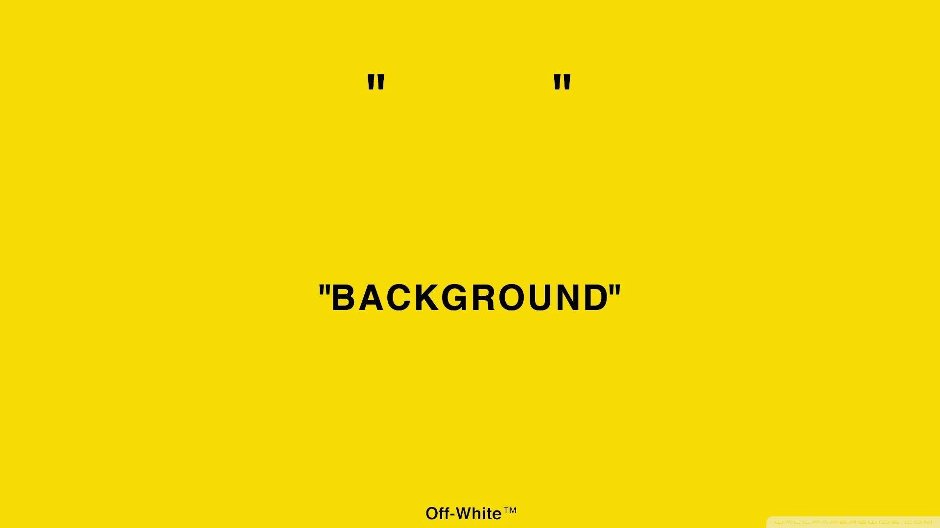 Off White Logo 桌布 壁紙 — 在鮮黃色背景上，粗體黑色文字顯示BACKGROUND和引號，並帶有Off-White商標。
