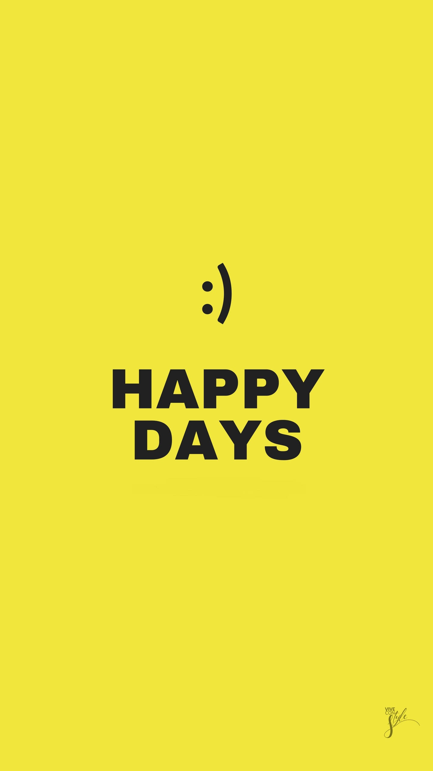 iPhone 桌布 壁紙 — 在鮮黃色背景中央放置大膽的黑色笑臉和 happy days 文字。