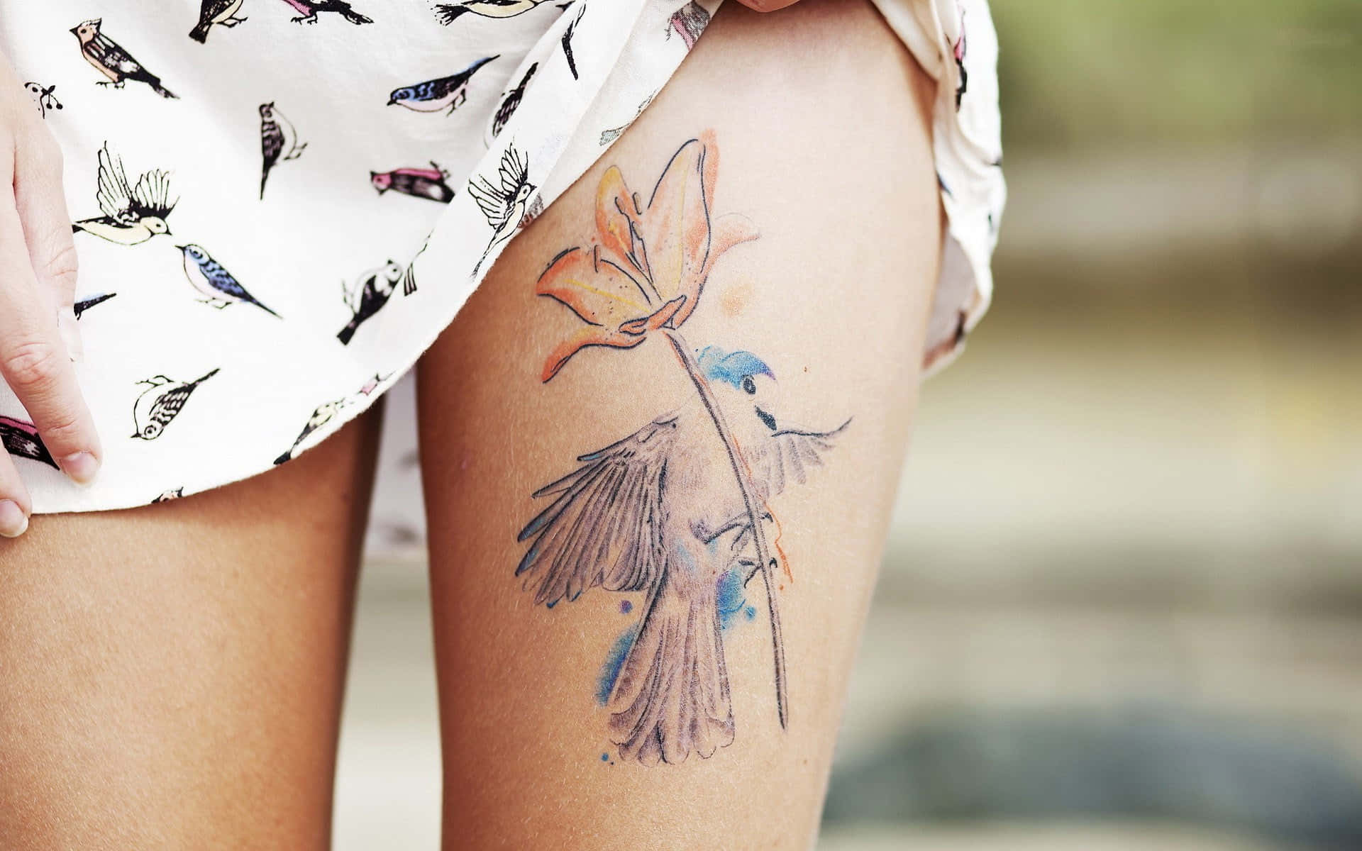 Tattoo 桌布 壁紙 — 在鳥圖案裙子下，一個人腿上綻放著一隻鳥叼著花的水彩風格刺青。
