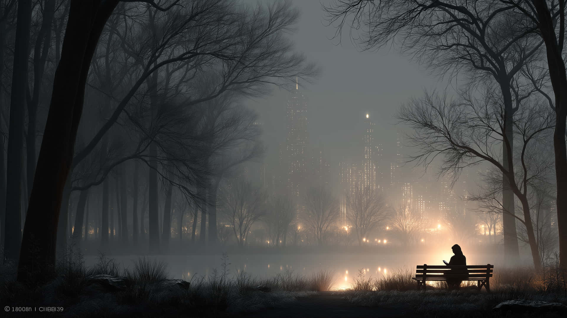 Misty City Park: Silhouette on Bench by Tranquil Water 壁紙 — 在黃昏時分，一個孤獨的身影坐在霧氣瀰漫的公園長椅上，周圍是光禿禿的樹木，遠處是閃爍的城市天際線。
