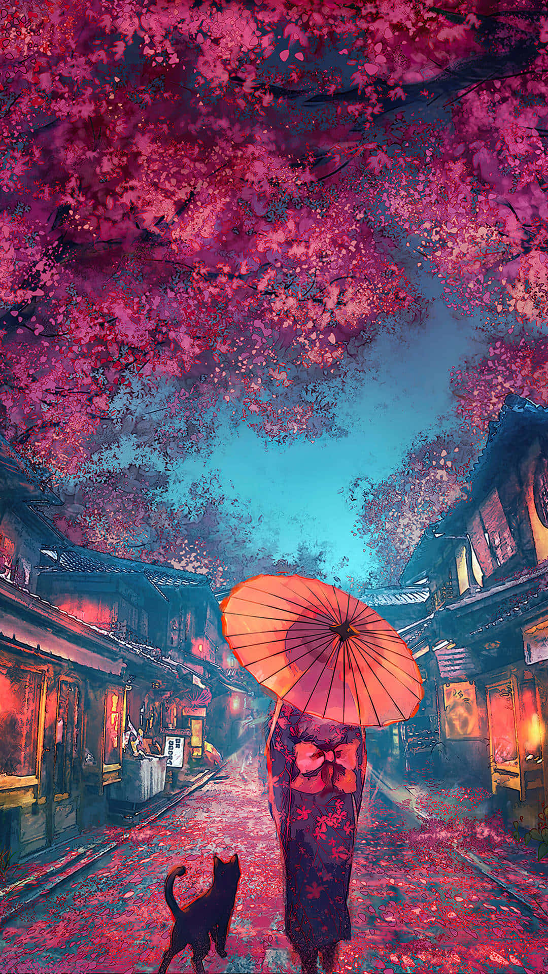Cherry Blossom Tree Anime 桌布 壁紙 — 在黃昏時分，一個孤獨的身影撐著橙色雨傘，走在霧氣瀰漫的日本街道上，上方是鮮豔的粉紅色櫻花樹冠。