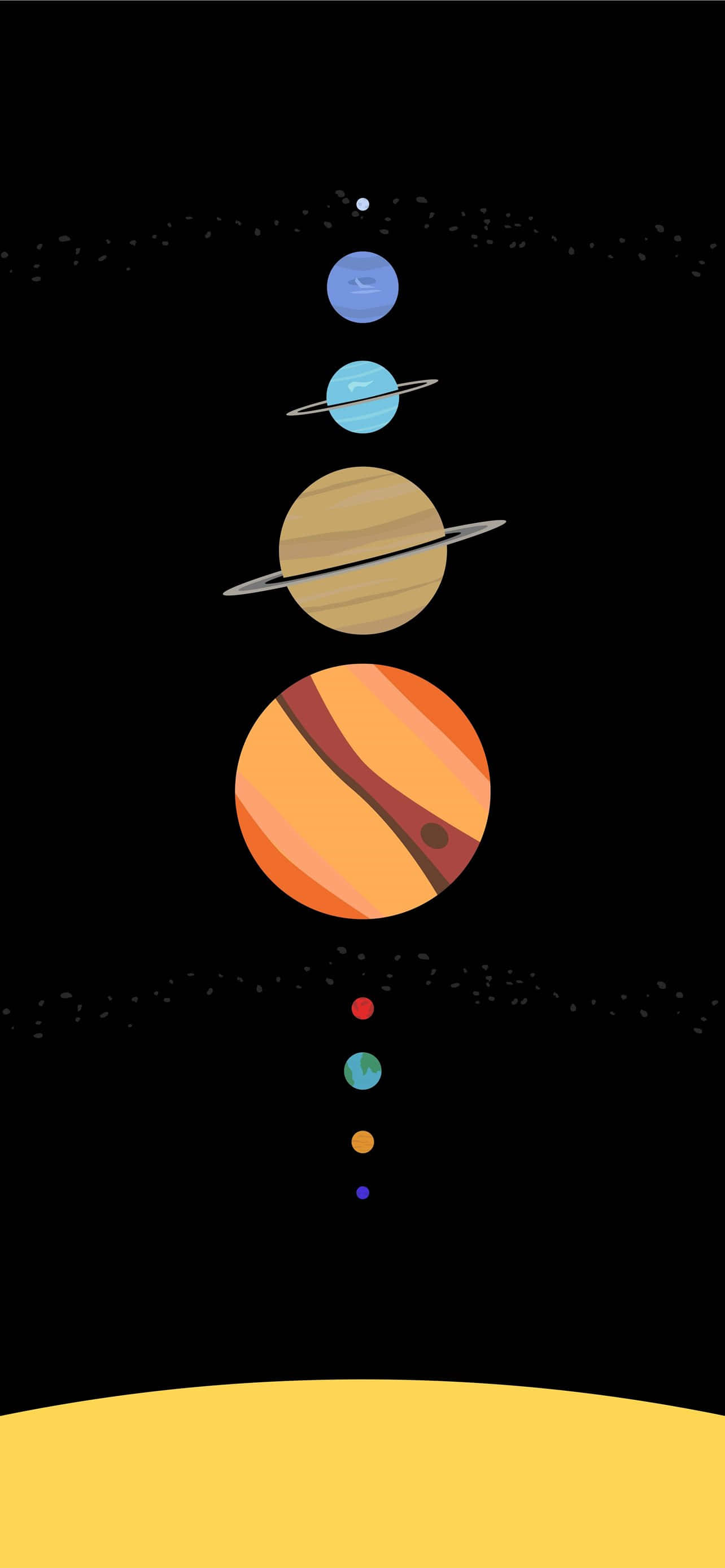 Minimalist Space 桌布 壁紙 — 在黃色彎曲地平線之上的星空黑色天空中，色彩繽紛帶有光環的行星的風格化垂直排列。