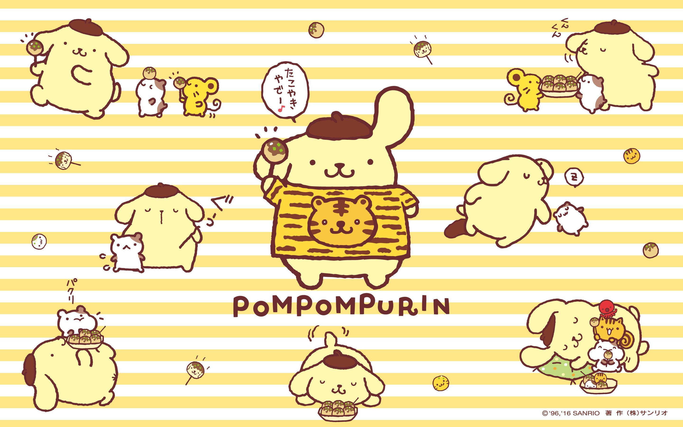Cute Cartoon Dog 桌布 壁紙 — 在黃色條紋背景上享受零食和俏皮姿勢的可愛布丁狗角色。