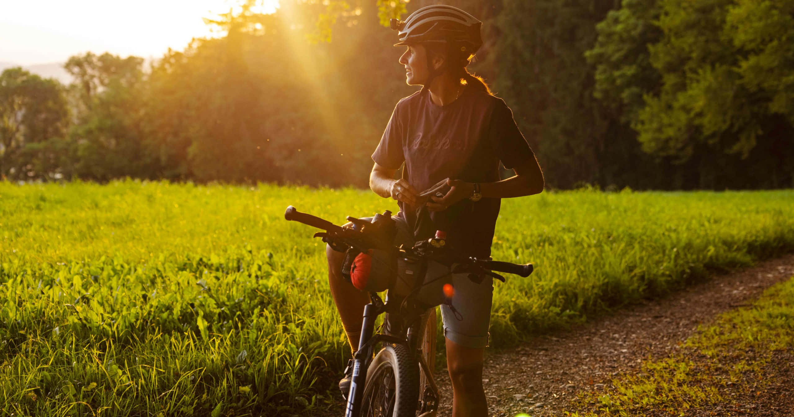 Bicycle 桌布 壁紙 — 在黃金時刻，一位騎自行車者在陽光明媚的泥土小徑旁，旁邊是充滿活力的綠色田野，稍作休息。