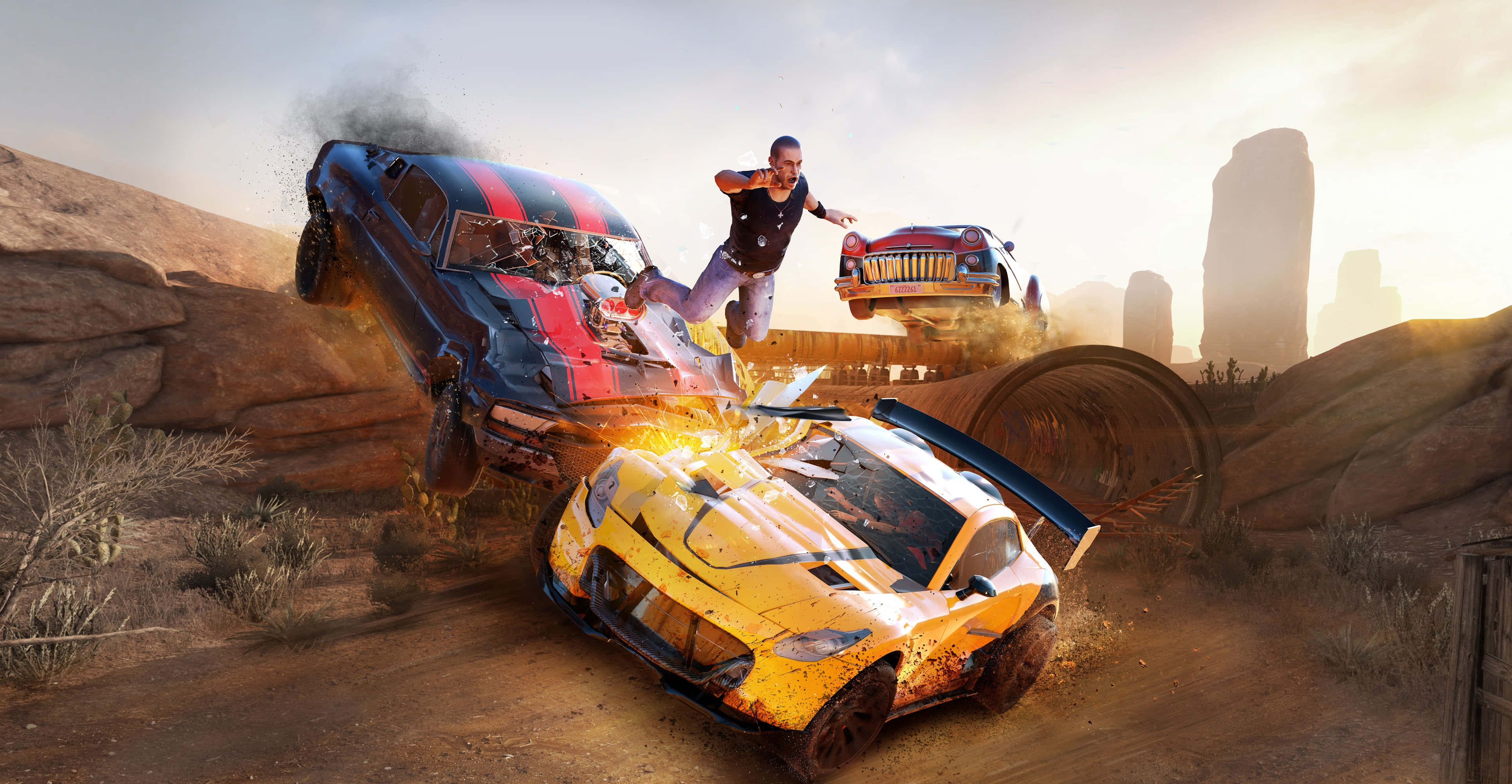 Racing Games 桌布 壁紙 — 在黃金時刻的沙漠峽谷中，一名男子在爆炸的汽車之間跳躍，伴隨著戲劇性的塵土和火焰。