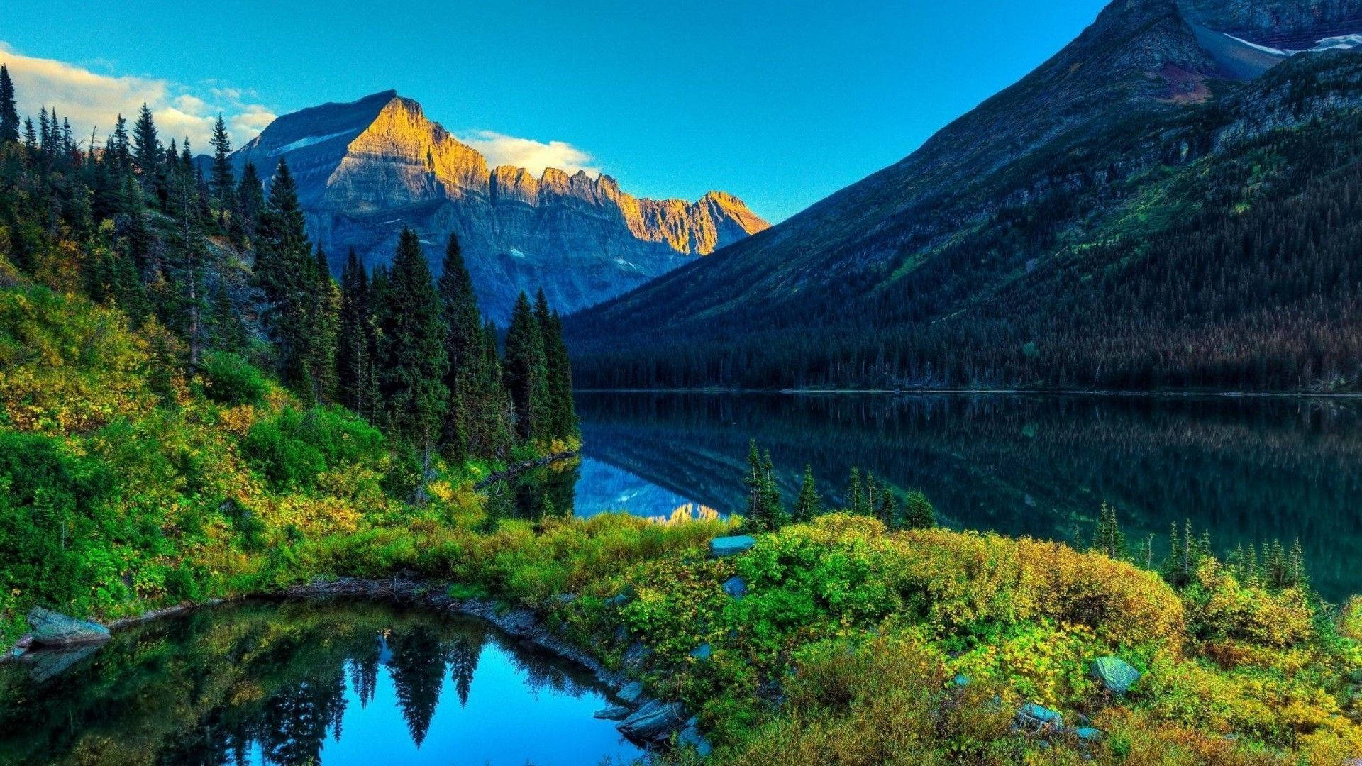 high 桌布 壁紙 — 在黃金時段清澈的藍天下，寧靜的山湖倒映著高聳的山峰和常綠森林。
