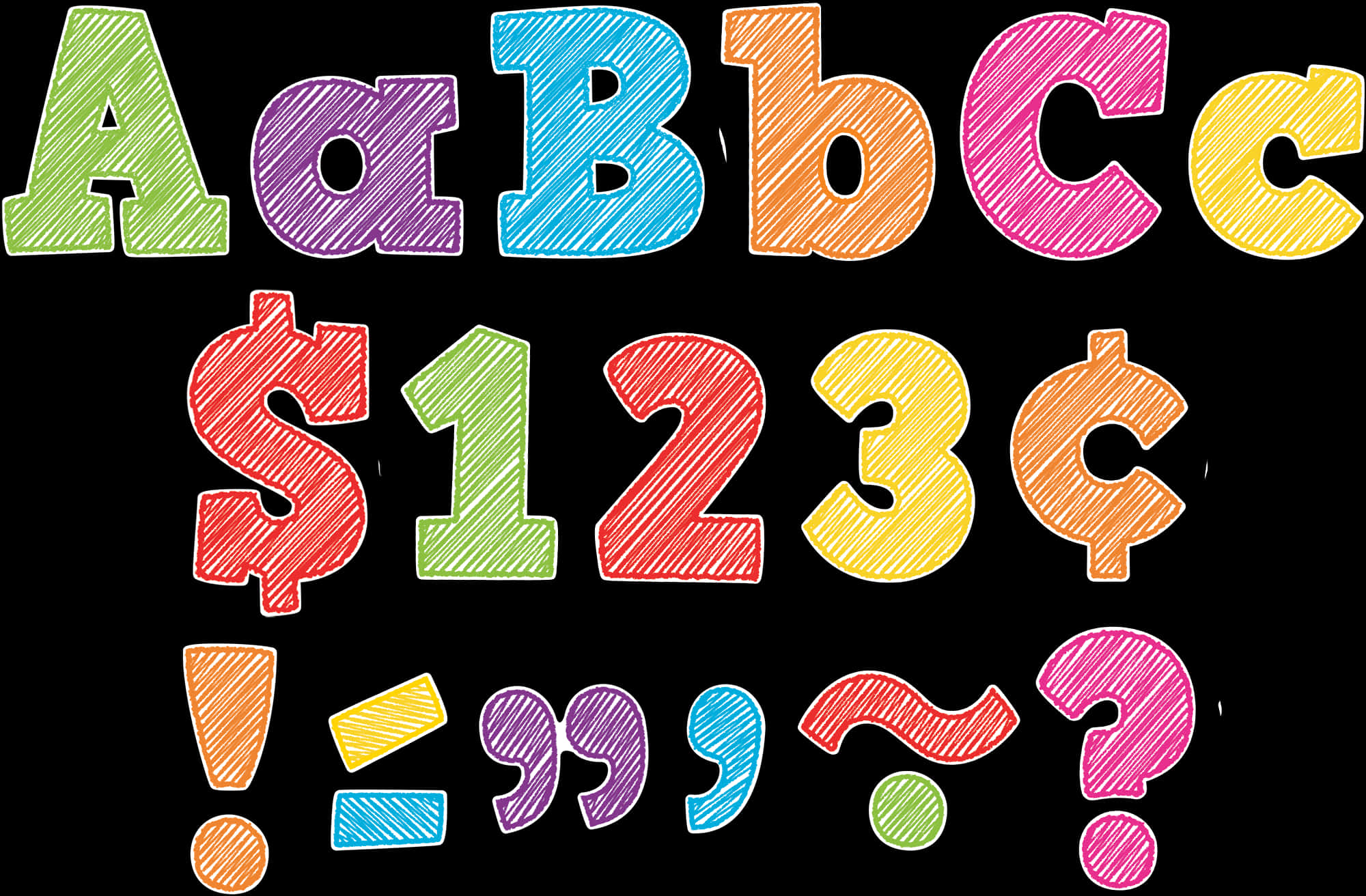 Scribble 桌布 壁紙 — 在黑底上以彩虹色繪製的鮮豔手繪字母數字和符號。