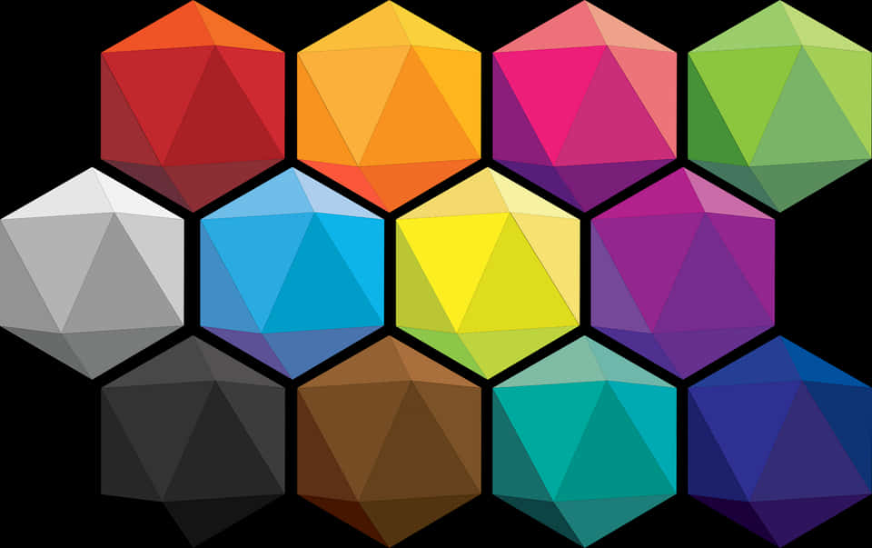 Graphics Design 桌布 壁紙 — 在黑底上以蜂巢圖案排列的彩虹色調鮮豔幾何六邊形。