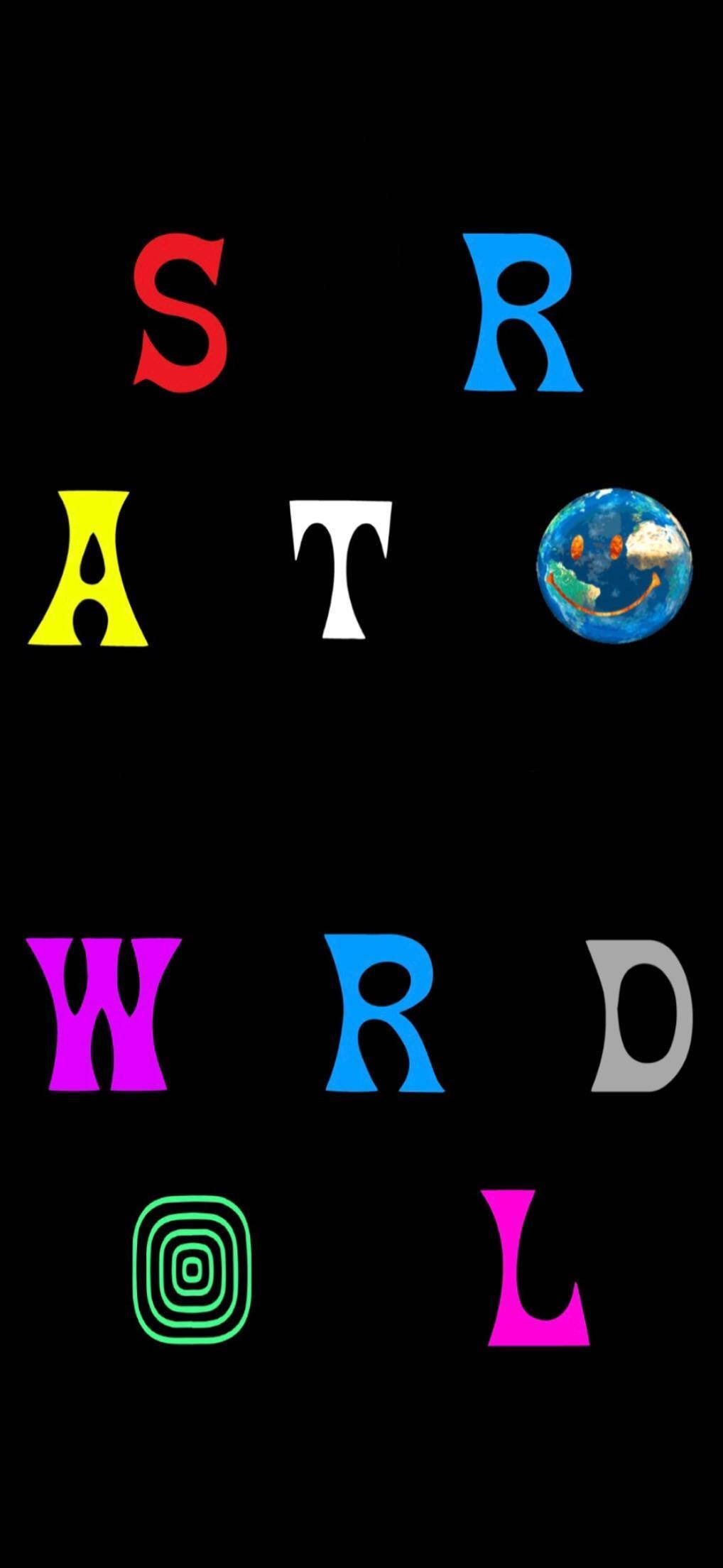 Astroworld 桌布 壁紙 — 在黑底上拼出「STRATO WORLD」的鮮豔彩色字母，搭配地球儀和螺旋圖形。