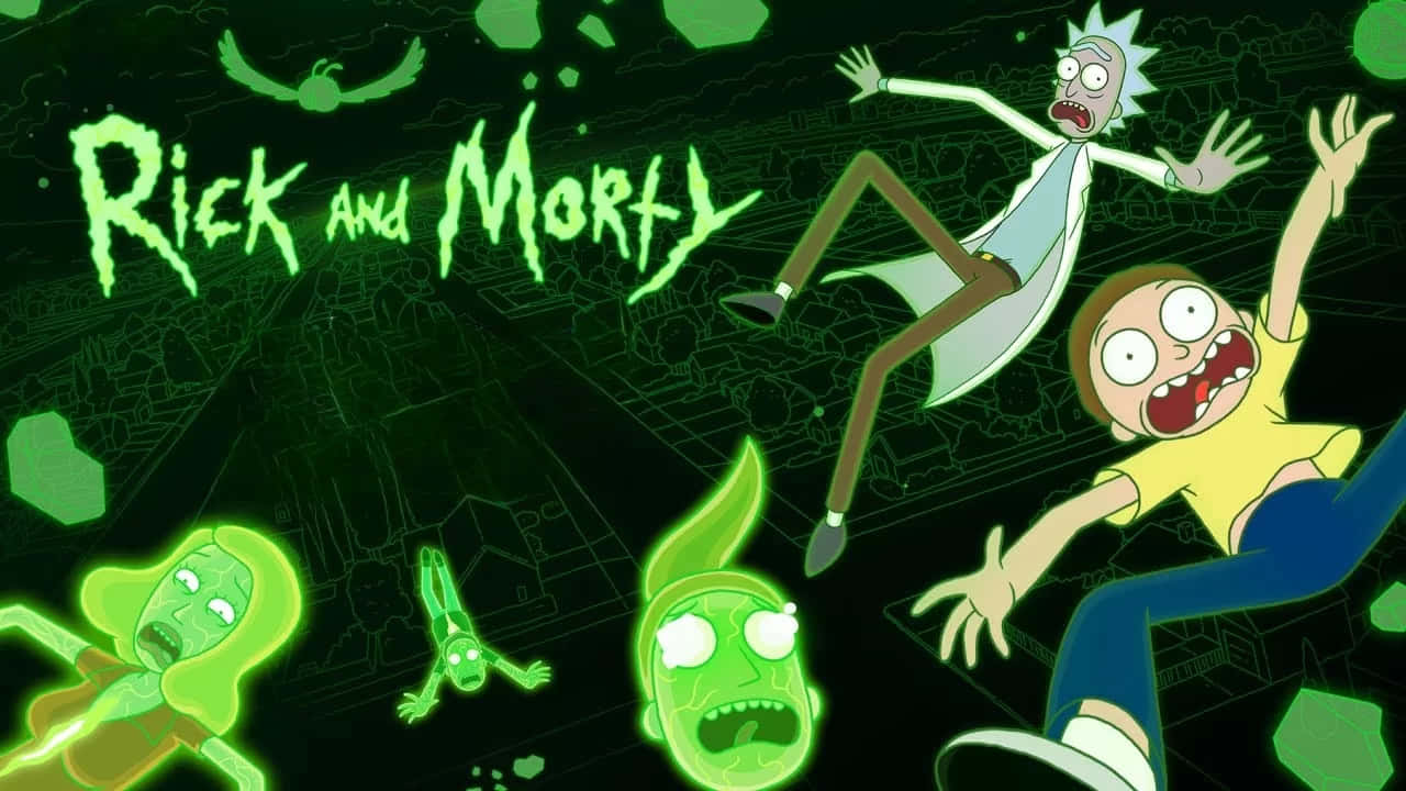 Rick And Morty Macbook 桌布 壁紙 — 在黑暗城市景觀背景下，瑞克和莫蒂角色在發光綠色外星碎片中驚慌尖叫。