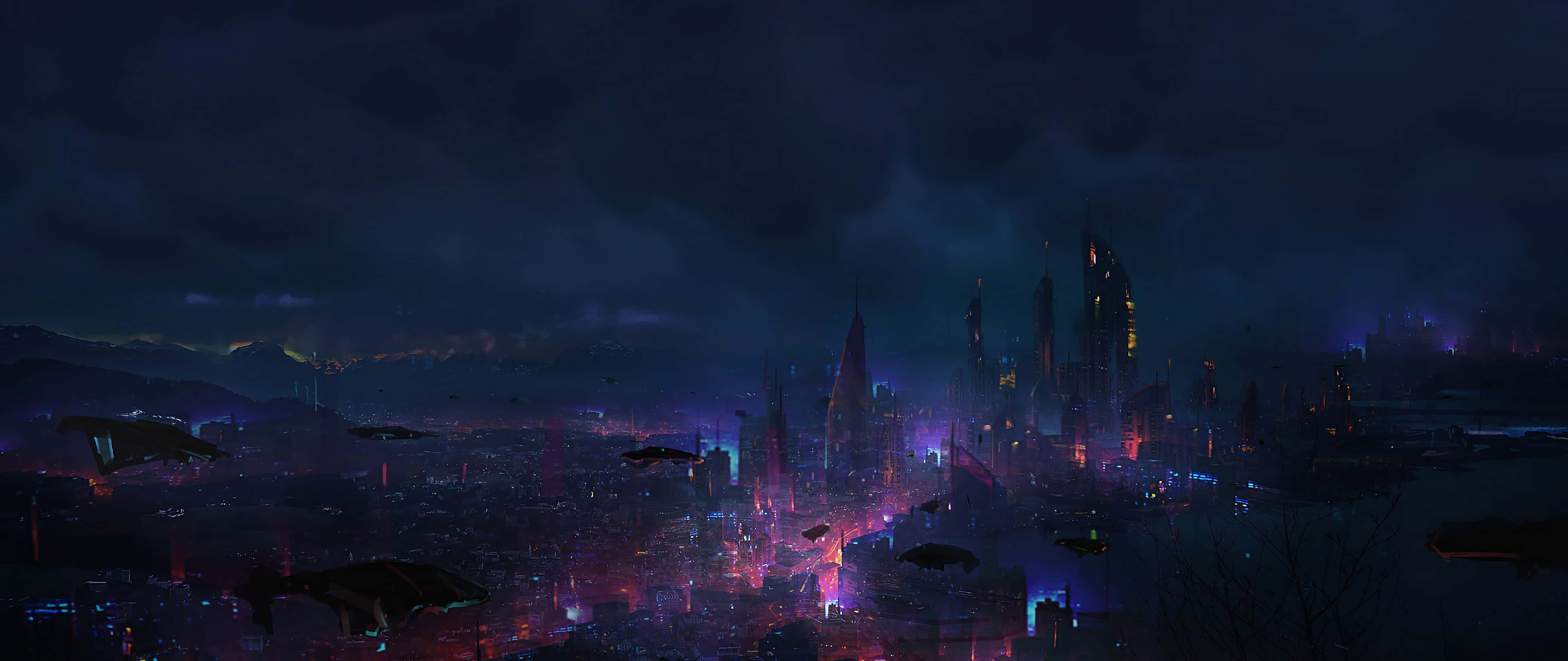 賽博龐克 桌布 壁紙 — 在黑暗多雲的天空下，一個廣闊的未來城市夜景，霓虹燈和飛行車輛穿梭其中。