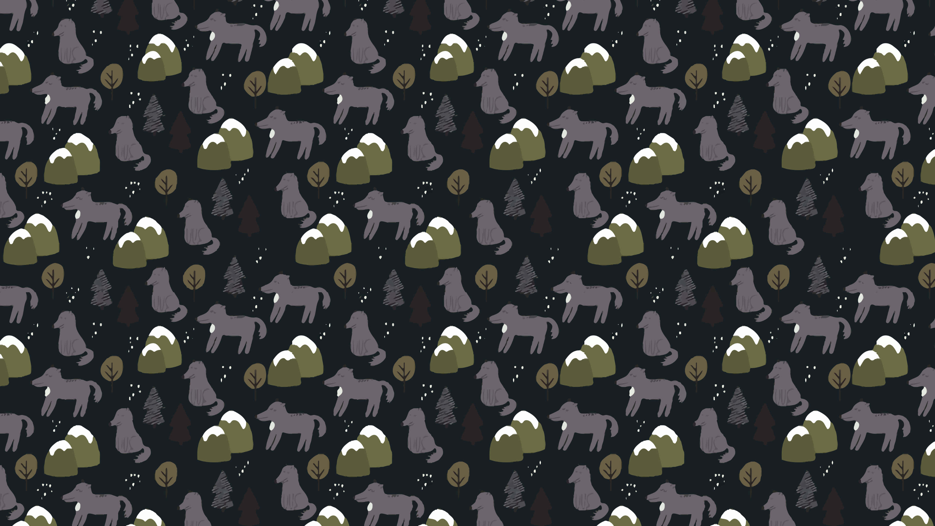 Wolf Pattern 桌布 壁紙 — 在黑暗夜空下，灰色馬匹剪影與積雪覆蓋的綠色山丘重複圖案，伴有流星。