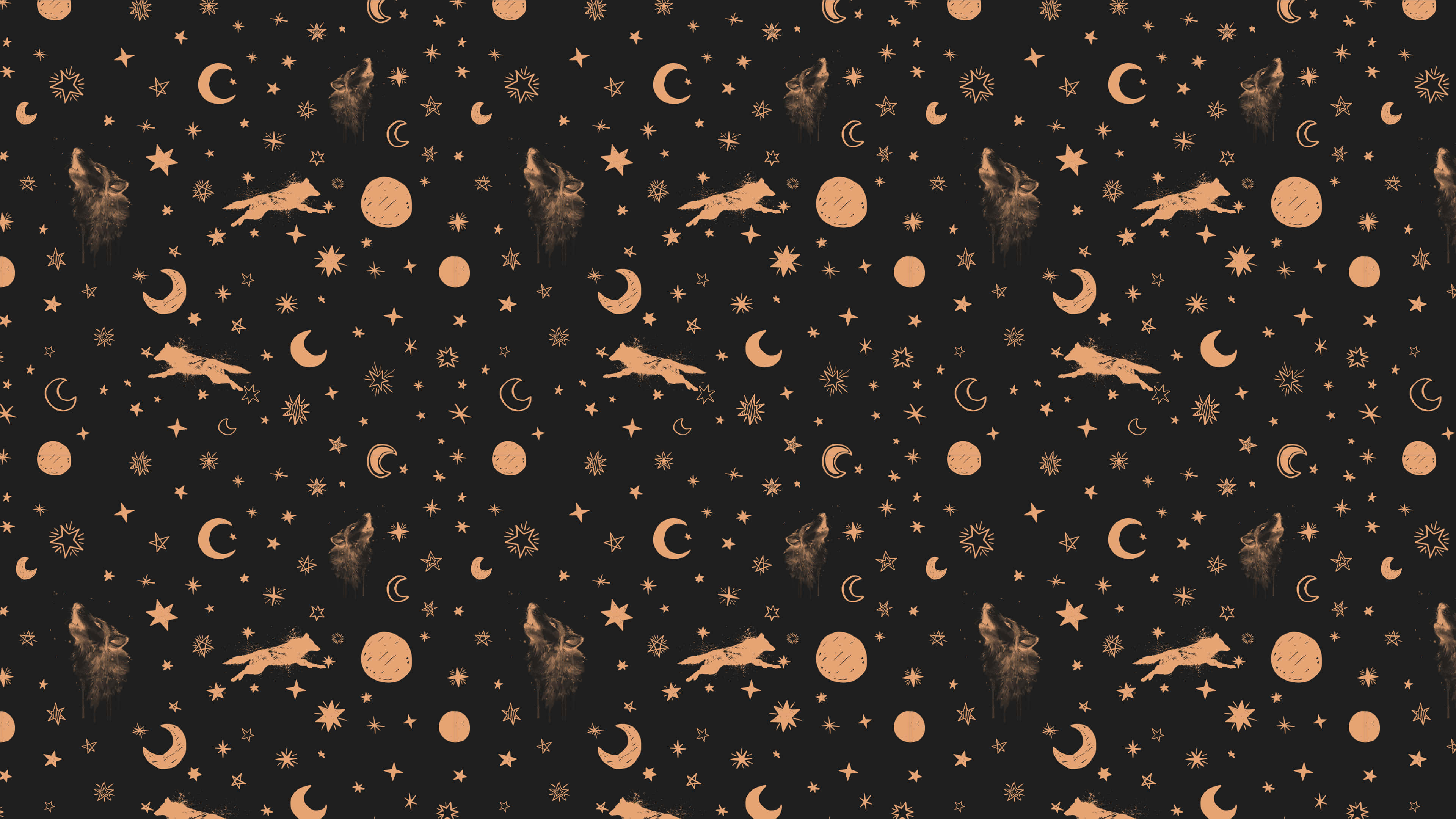 Wolf Pattern 桌布 壁紙 — 在黑暗夜空背景下，金色狼群對著新月和星星嚎叫的重複圖案。