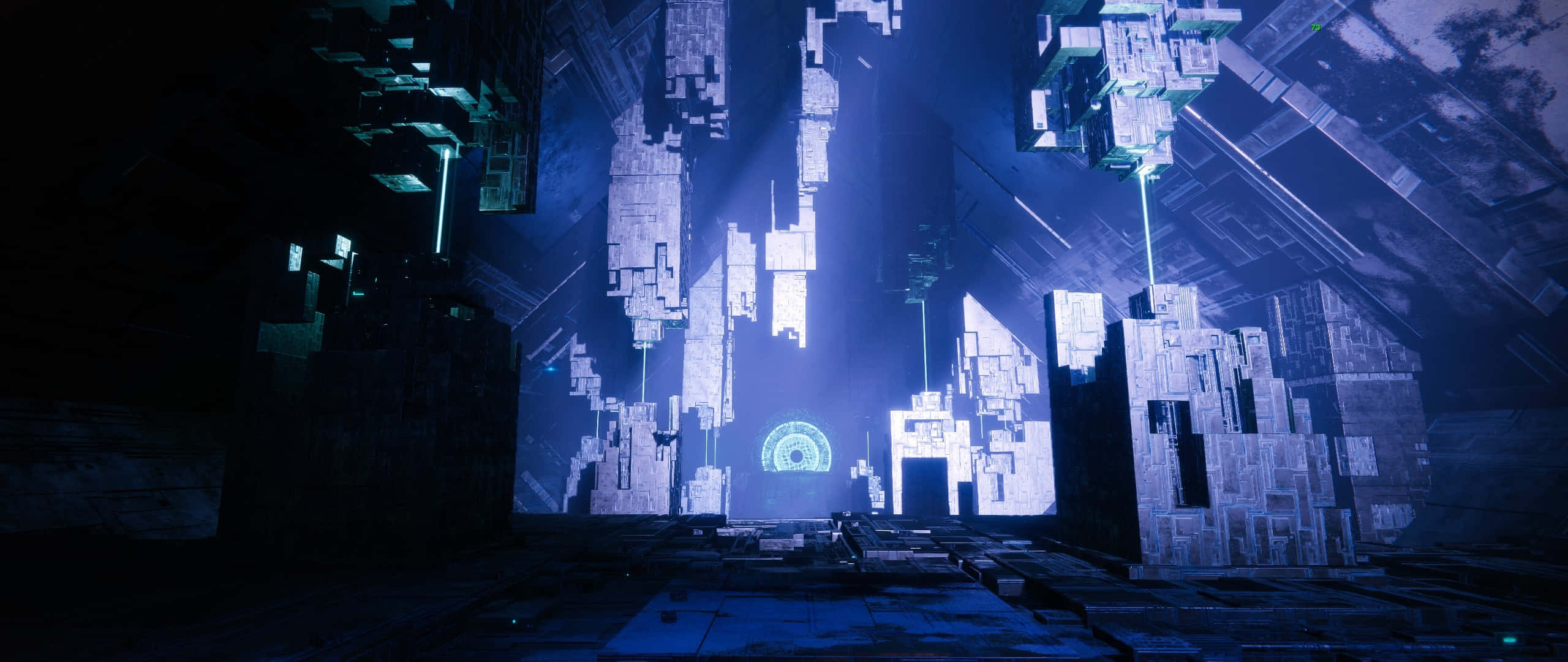 2560x1080 Minimal 桌布 壁紙 — 在黑暗天空下，一個未來數位城市景觀，帶有發光藍色結構和浮動平台。