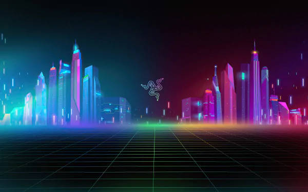 在黑暗天空下，以霓虹燈閃爍的未來城市天際線。 — 雷蛇 GIF 壁紙