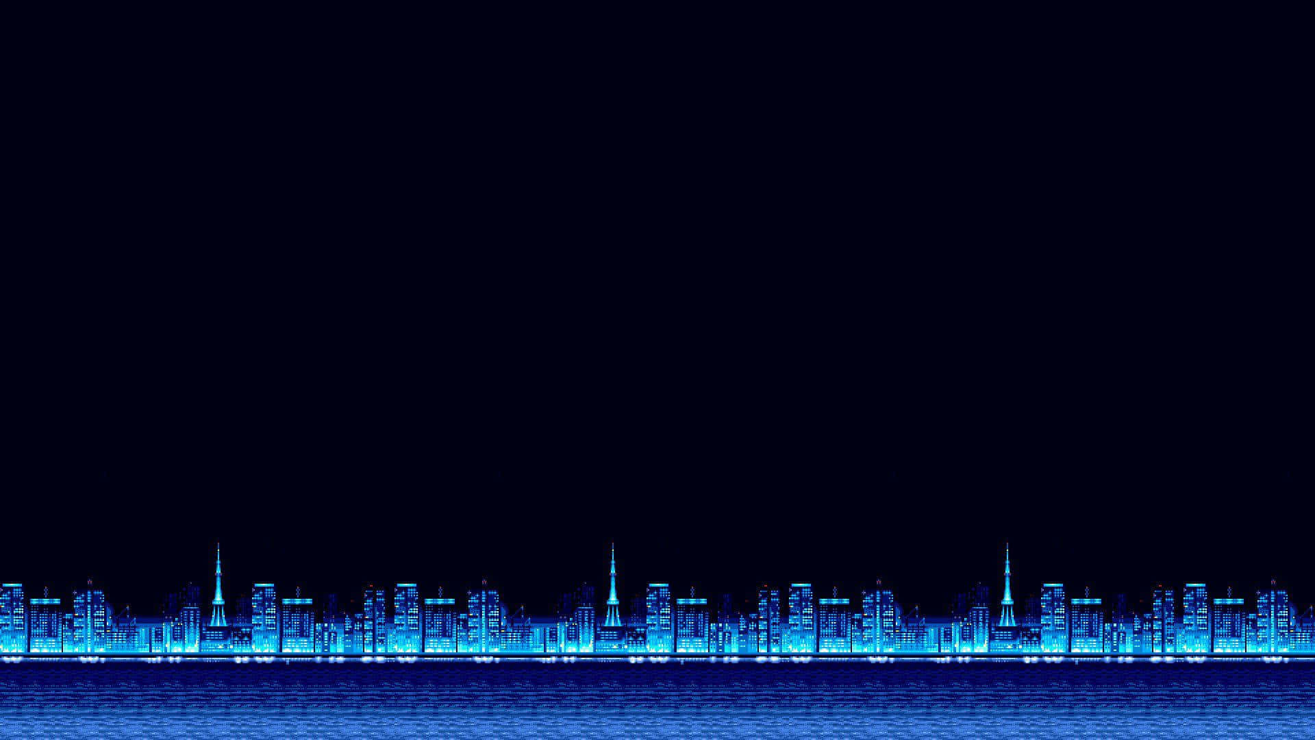 夜晚水面倒映的藍色霓虹城市天際線。 — 8 位元 GIF 壁紙