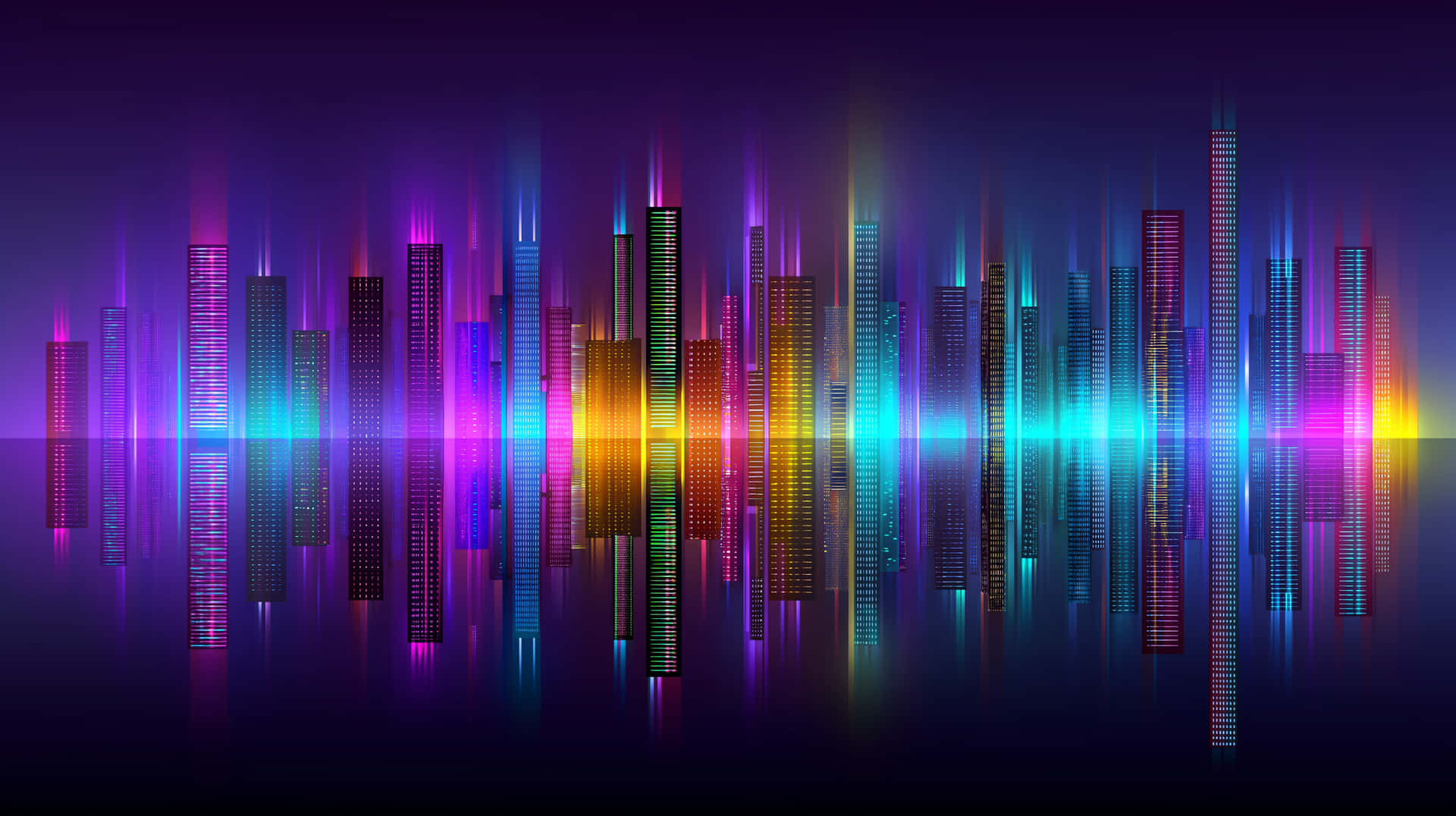 Abstract Cyberpunk Cityscape with Luminous Rainbow Verticality 壁紙 — 在黑暗天空下，發光的摩天大樓倒映在水中，充滿活力的霓虹城市天際線。