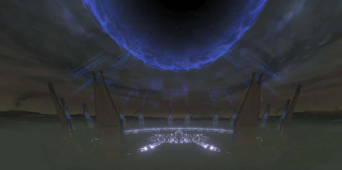 Halo Ark 桌布 壁紙 — 在黑暗天空中巨大發光藍色環下方的未來城市景觀，光束向下照射。