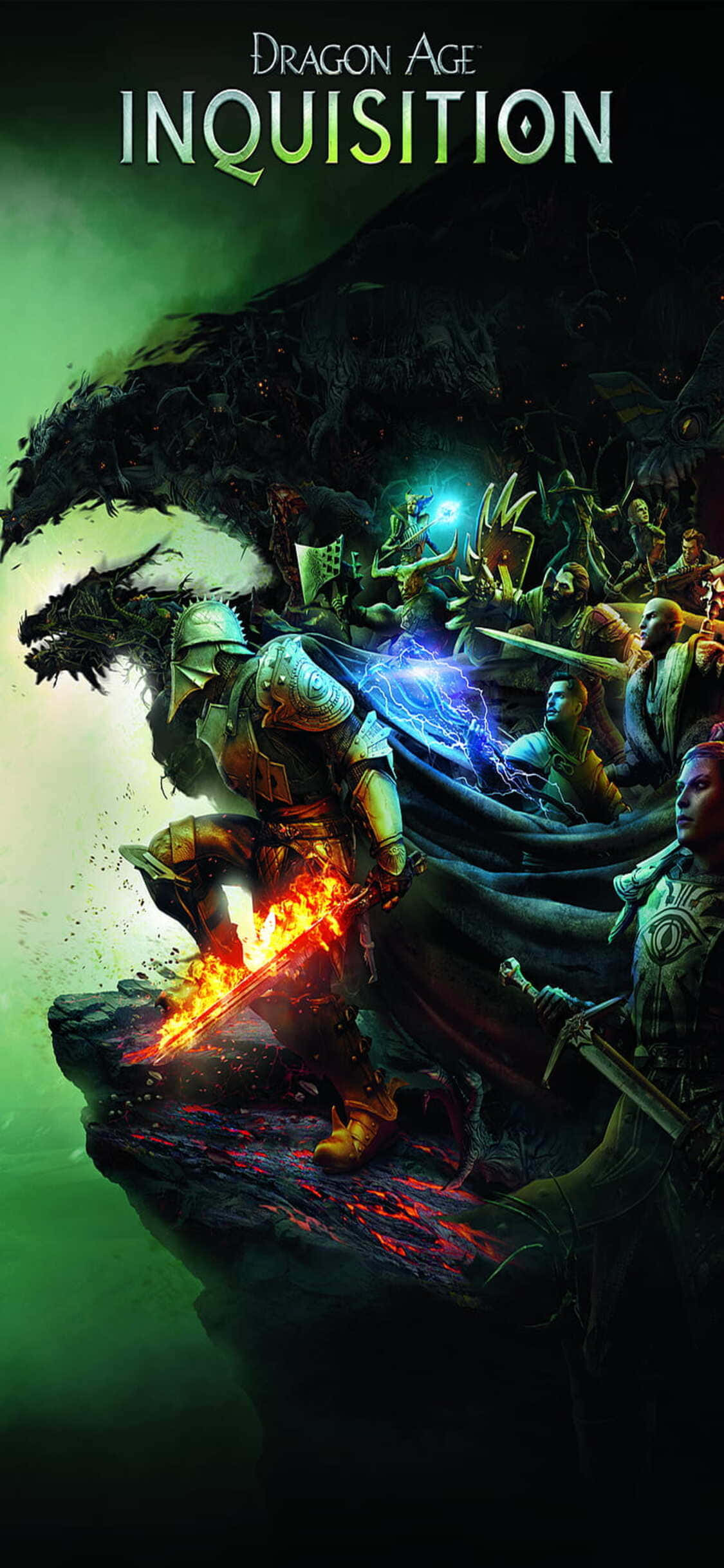 iPhone Xs Dragon Age Inquisition 桌布 壁紙 — 在黑暗奇幻場景中，一名騎士揮舞著火焰劍，而一條巨龍在一群裝甲戰士身後隱現。