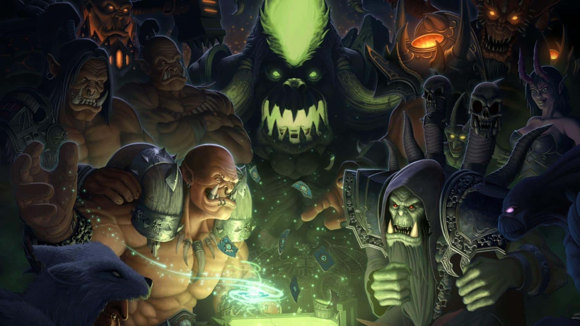 Hearthstone 桌布 壁紙 — 在黑暗奇幻設定中，一群帶有發光綠色眼睛和尖銳牙齒的獸人與惡魔 warlords 的威脅性聚會。