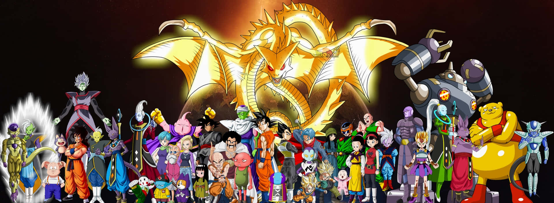 Dragon Ball Super Universe 6 桌布 壁紙 — 在黑暗宇宙背景下，七龍珠角色和神龍的鮮豔動畫陣容，帶有發光效果。