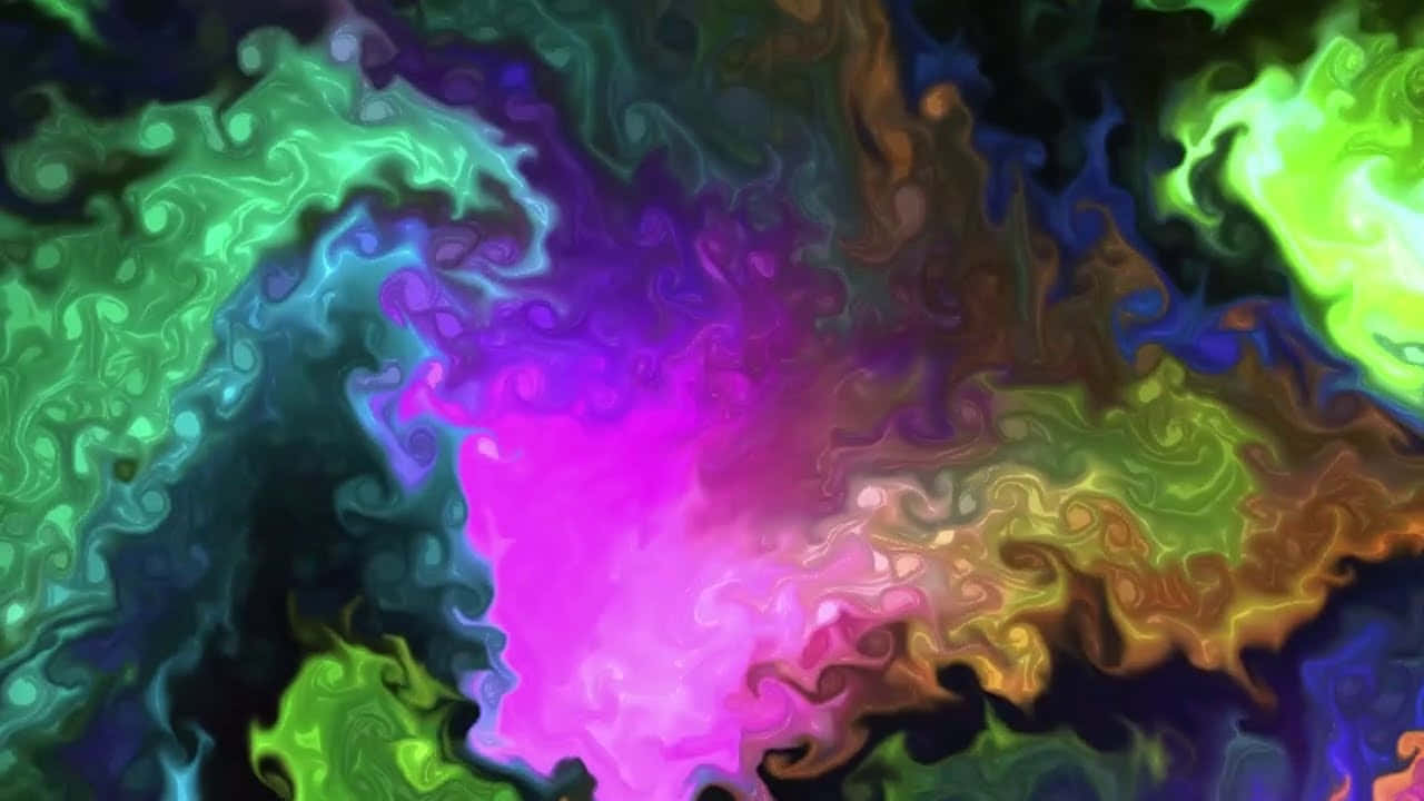 彩色動圖 桌布 壁紙 — 在黑暗宇宙背景下，霓虹綠、紫色和金色的鮮豔旋轉星雲。