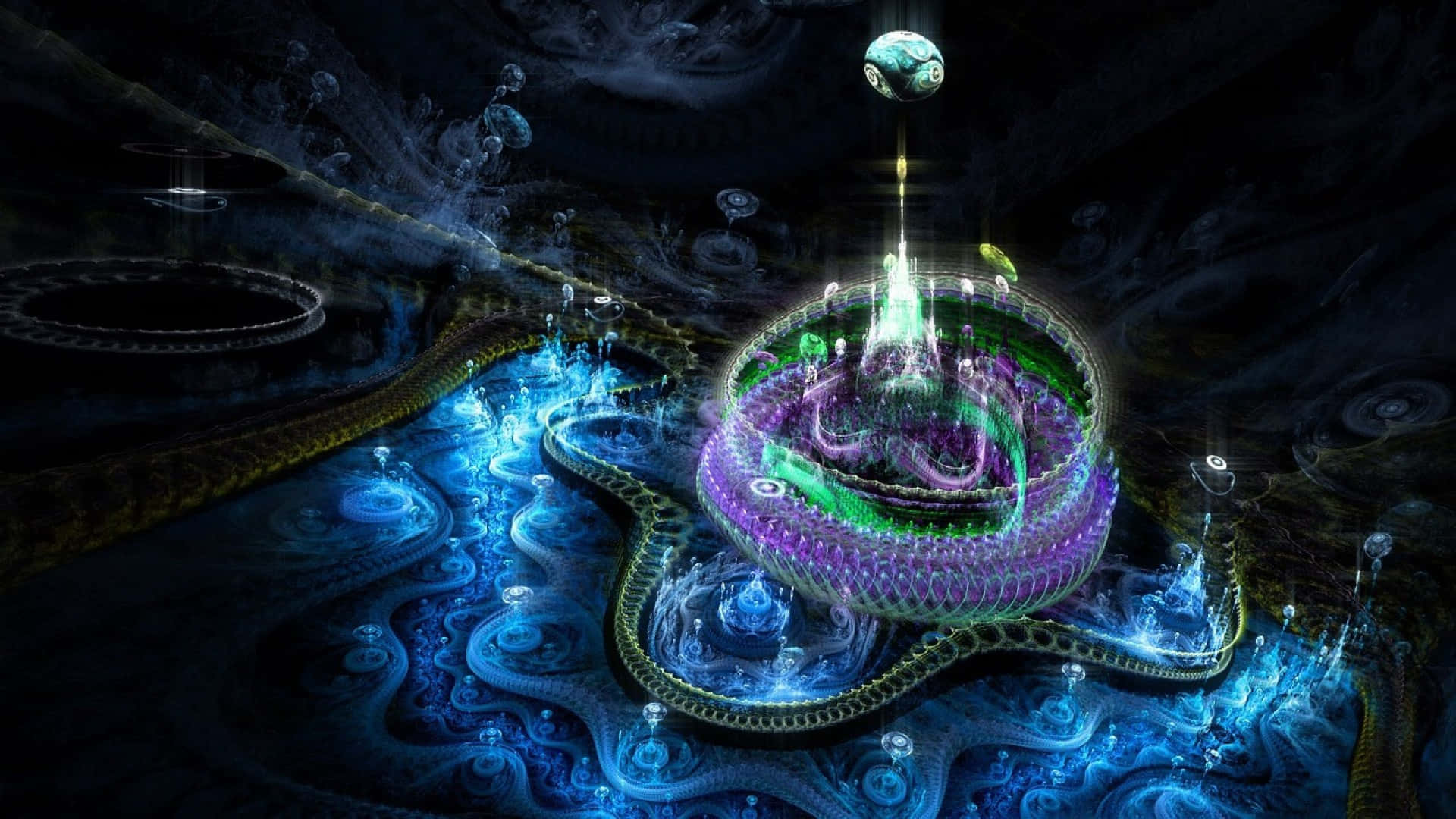 碎形 桌布 壁紙 — 在黑暗宇宙虛空中，一個發光的碎形結構，帶有旋轉的藍色和紫色能量脈衝。