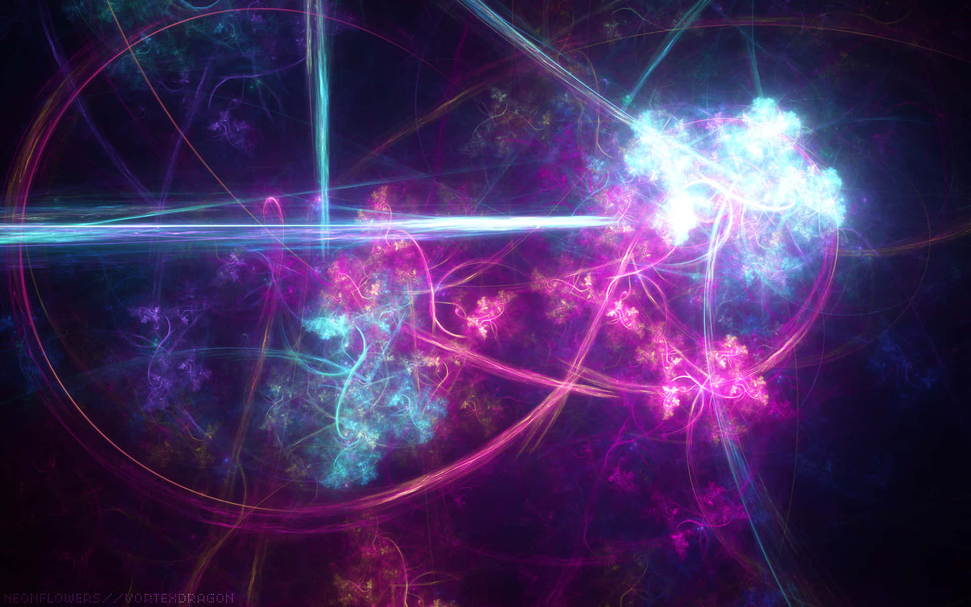 Cool Abstract 桌布 壁紙 — 在黑暗宇宙虛空中，帶有發光絲狀物的電光粉紅和青色鮮豔碎形能量爆發。