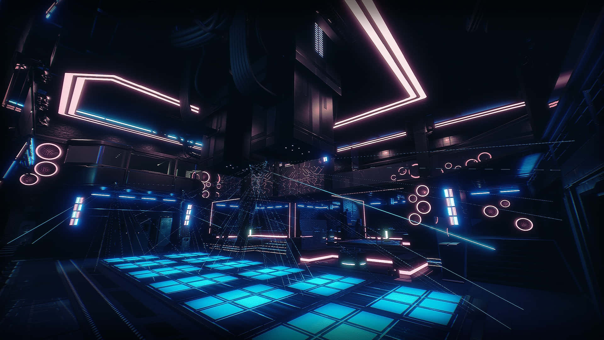 Nightclub 桌布 壁紙 — 在黑暗工業建築下，帶有發光霓虹燈和藍色舞池的未來主義夜總會。