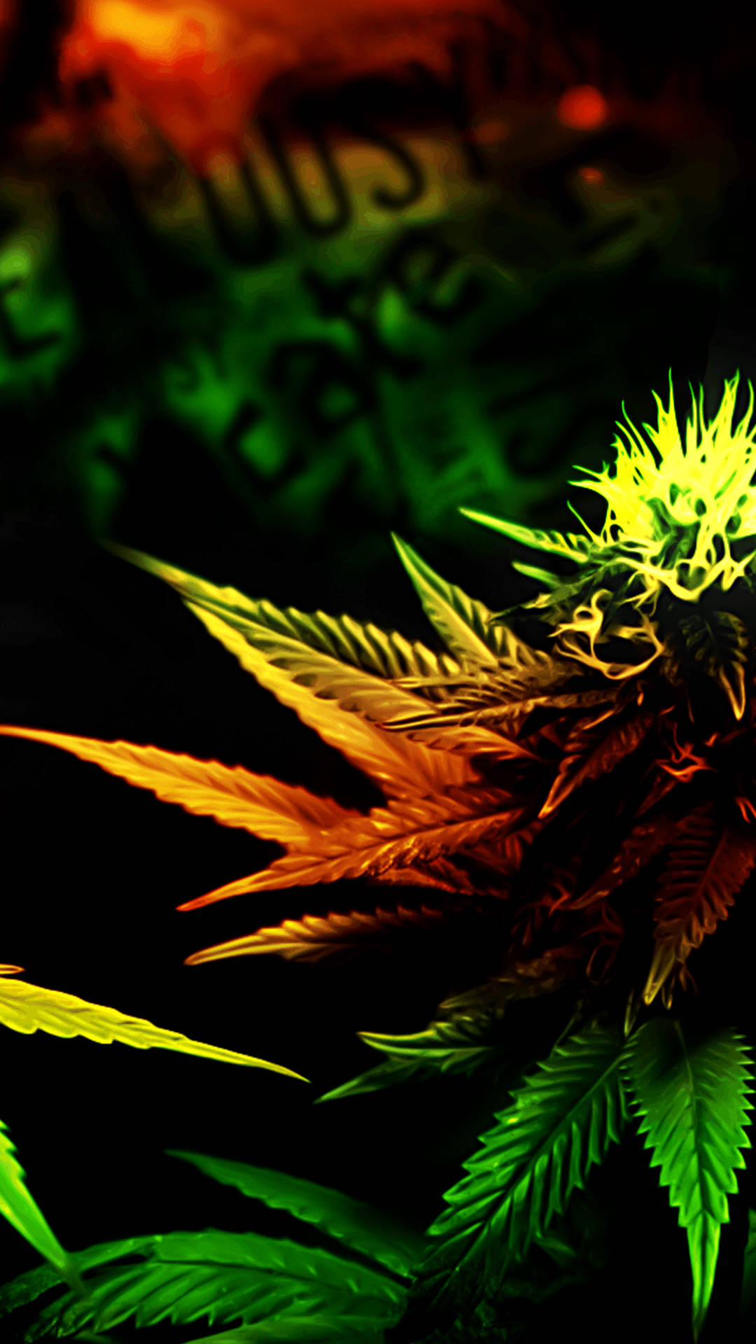 Screen 桌布 壁紙 — 在黑暗抽象背景上，充滿活力的螢光綠和橙色大麻植物，帶有發光的葉子。