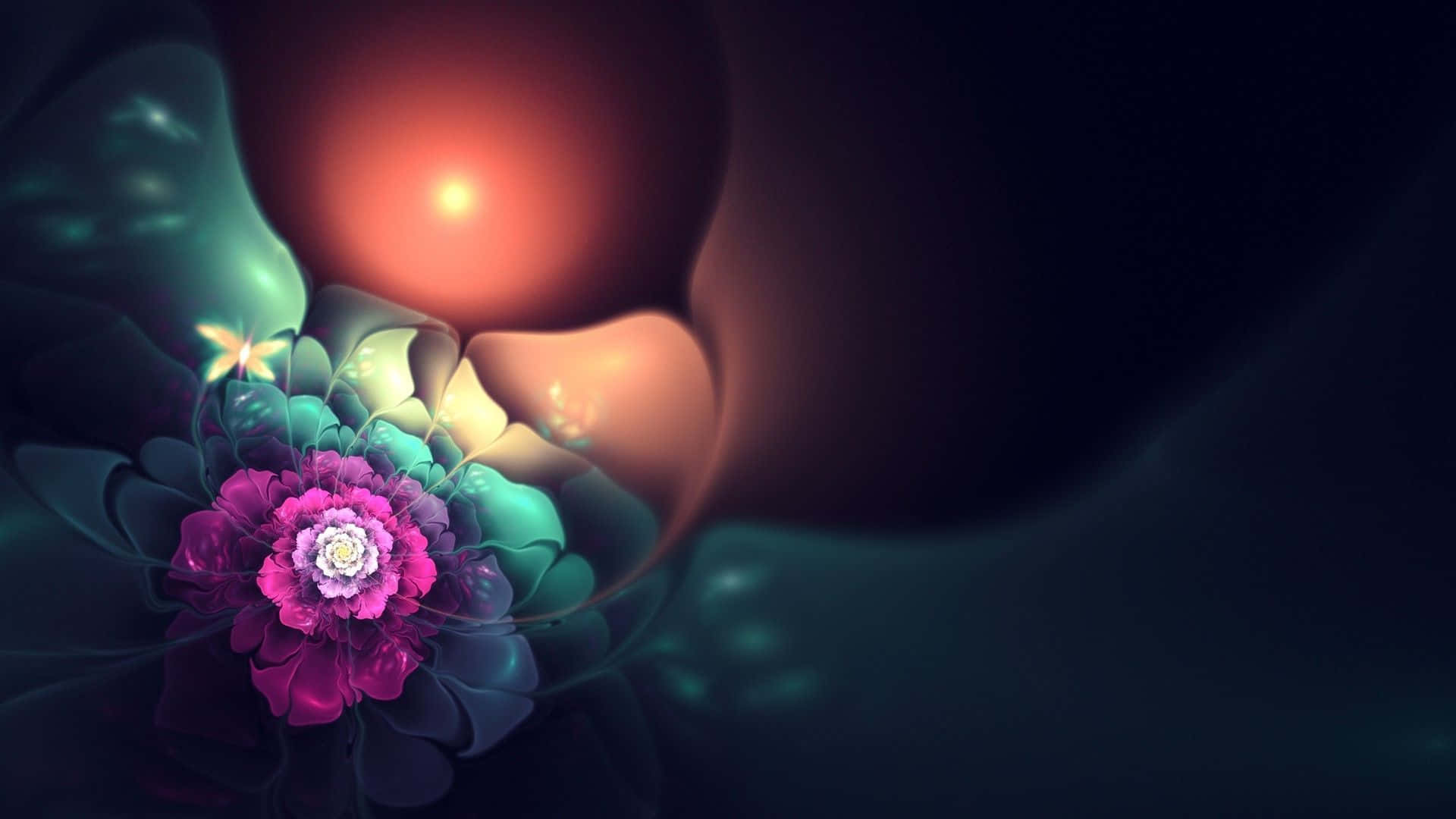 Psychedelic Flowers 桌布 壁紙 — 在黑暗旋轉的宇宙背景下，一朵鮮豔的分形花朵在發光的紅色球體下綻放。