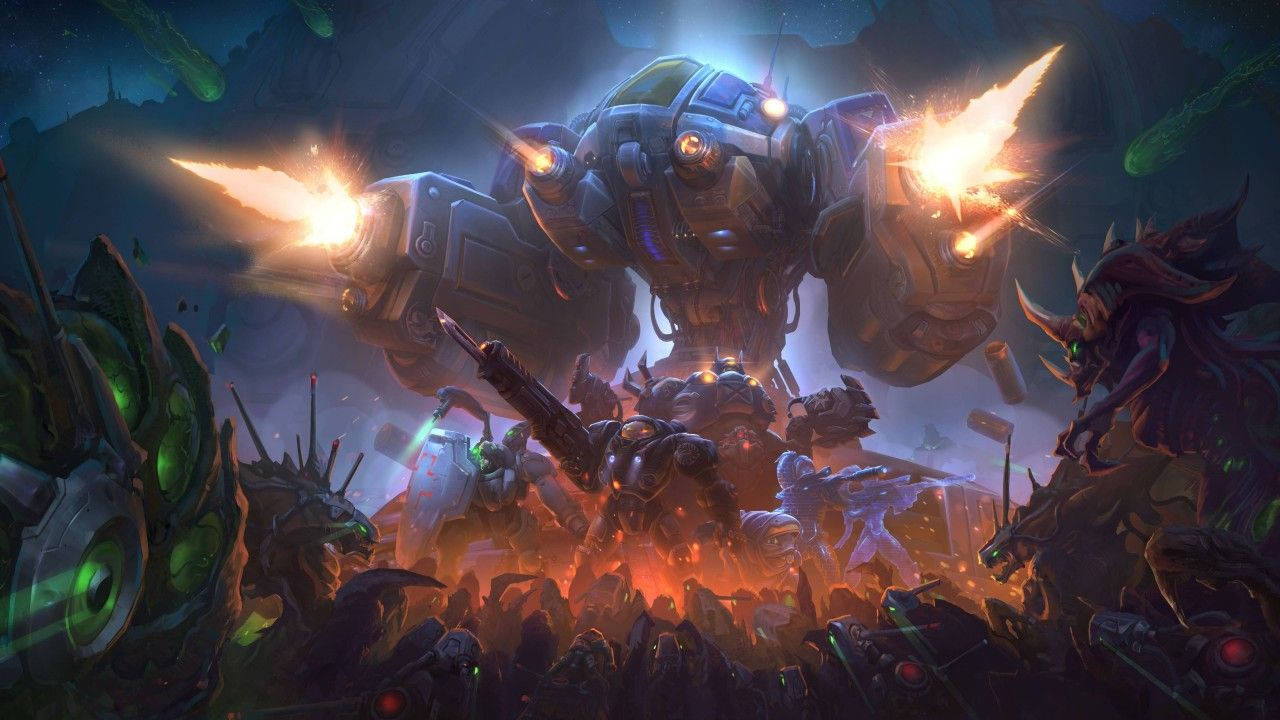 Starcraft 桌布 壁紙 — 在黑暗星空下，一個巨大的發光機甲在裝甲戰士和怪獸混亂的戰場中發射等離子炮。