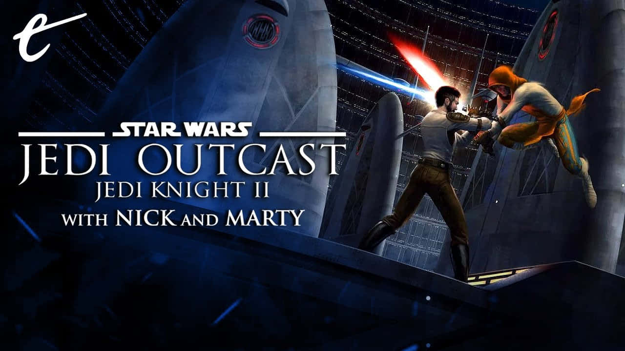 Jedi Knight 桌布 壁紙 — 在黑暗星空下，兩名絕地武士在太空船甲板上用發出藍光和紅光的光劍決鬥。