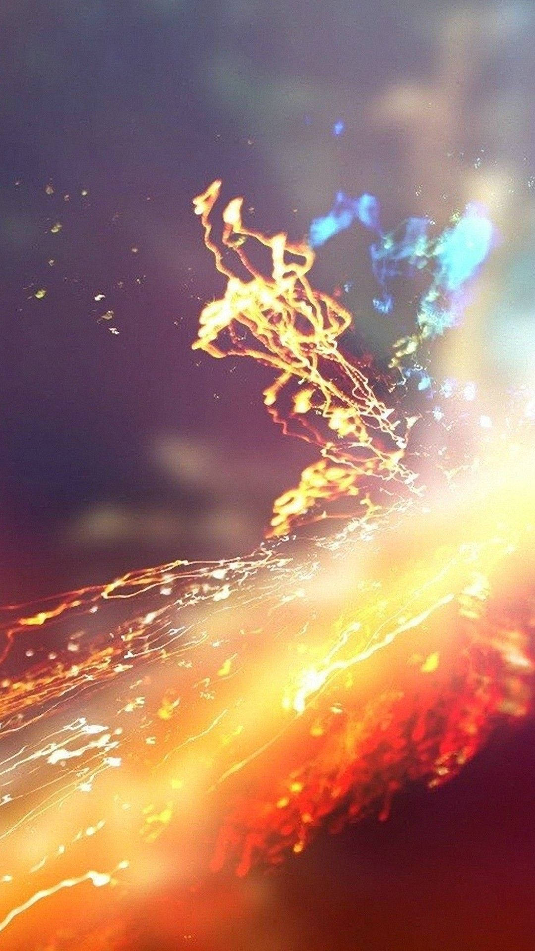 直式 桌布 壁紙 — 在黑暗星雲背景下，火橙色和電光藍色的充滿活力的宇宙能量流。