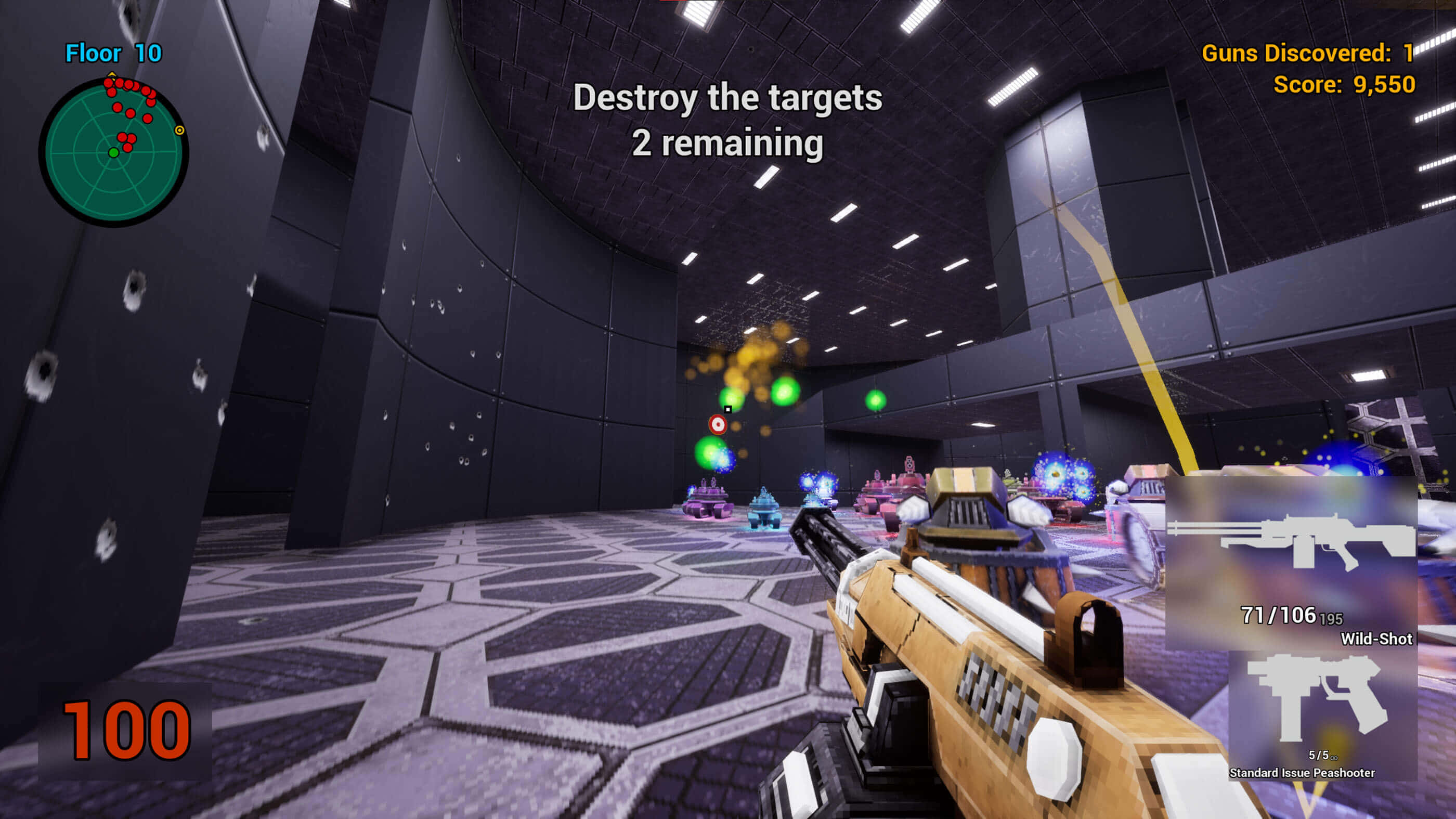 First-person Shooter Games 桌布 壁紙 — 在黑暗未來風格的競技場中進行第一人稱射擊遊戲，帶有發光目標和武器HUD元素。