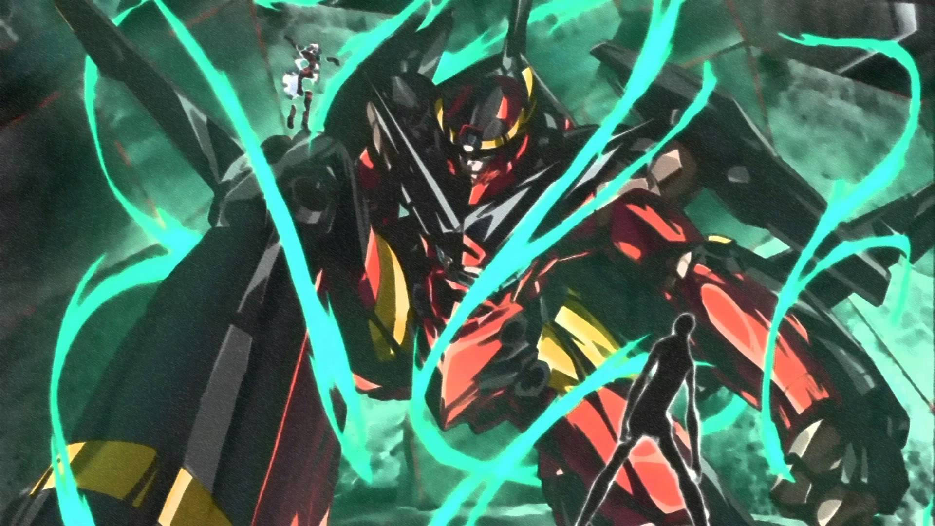 Gurren Lagann 桌布 壁紙 — 在黑暗煙霧彌漫的戰場上，一座高聳的紅黑機甲釋放出發光的青色能量光束。
