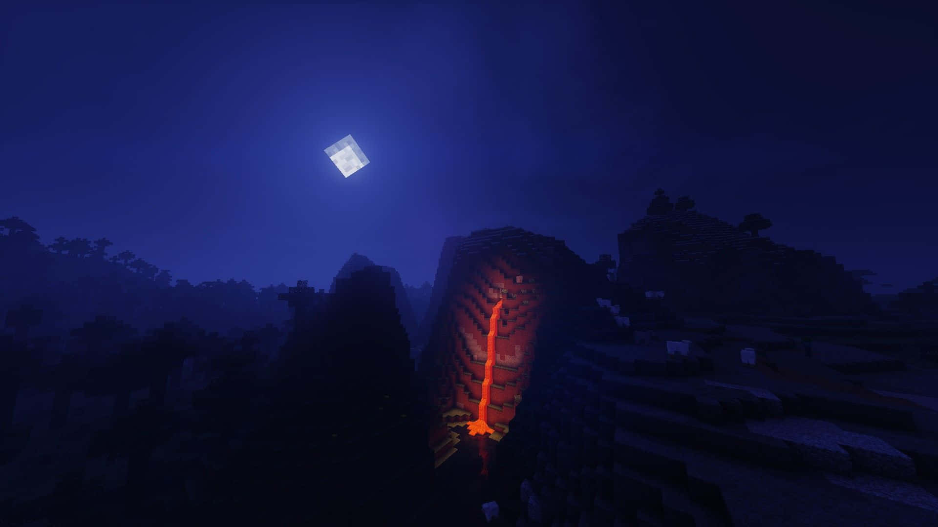 Minecraft Shaders 桌布 壁紙 — 在黑暗的 Minecraft 夜晚場景中，發光的熔岩流從方塊狀的懸崖上傾瀉而下，上方是一輪方形月亮。