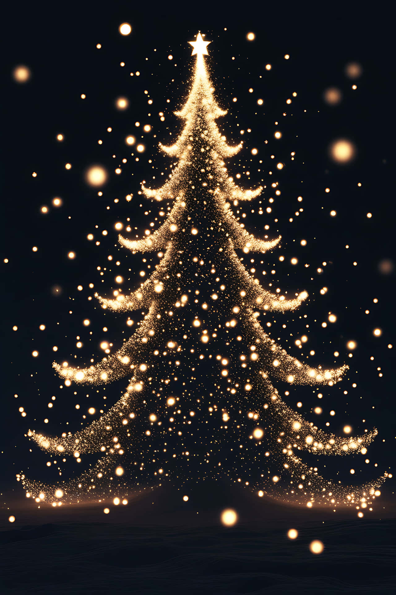 Illuminated christmas tree 壁紙 — 在黑暗的夜空下，一顆閃耀的金色聖誕樹，輪廓由閃爍的燈光勾勒，並有漂浮的發光球體。